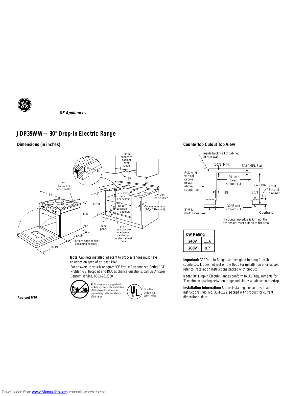 GE JDP39WWWW, JDP39WW Specifications