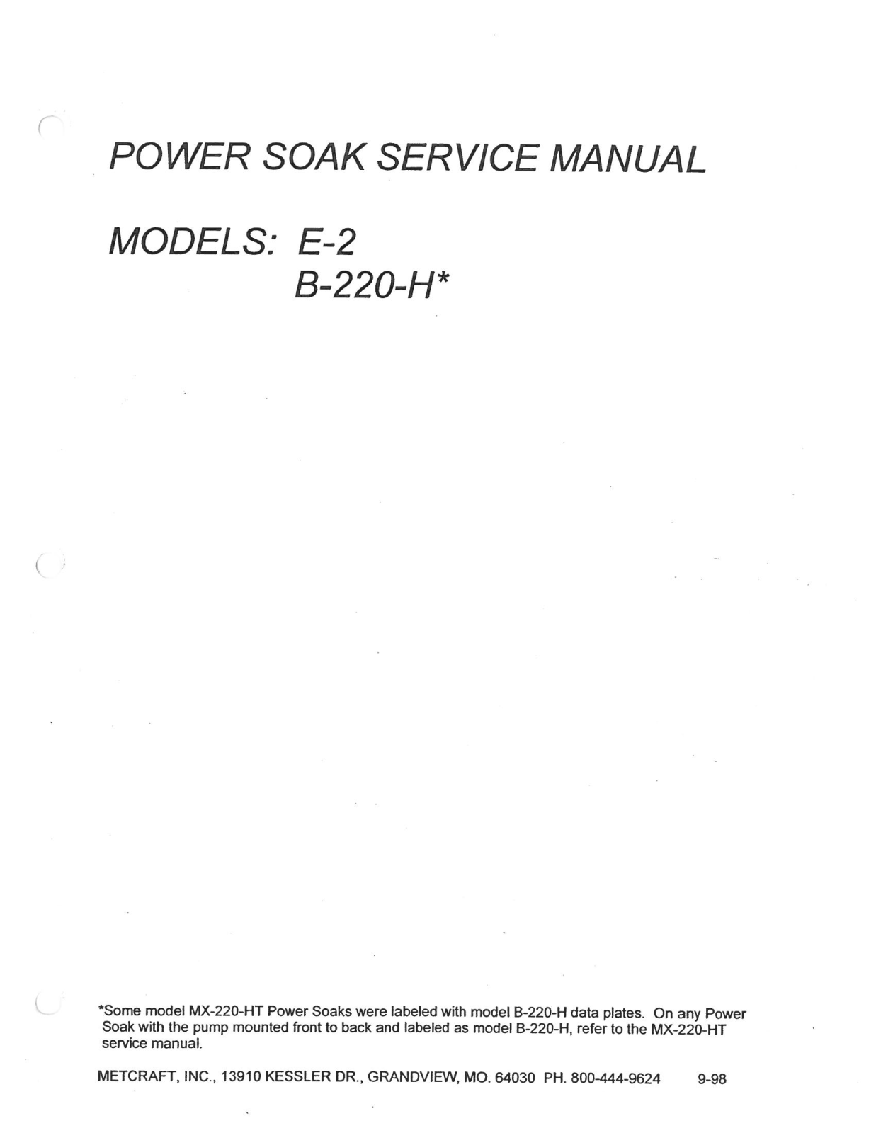 Power Soak Systems Inc B-220 Installation Manual