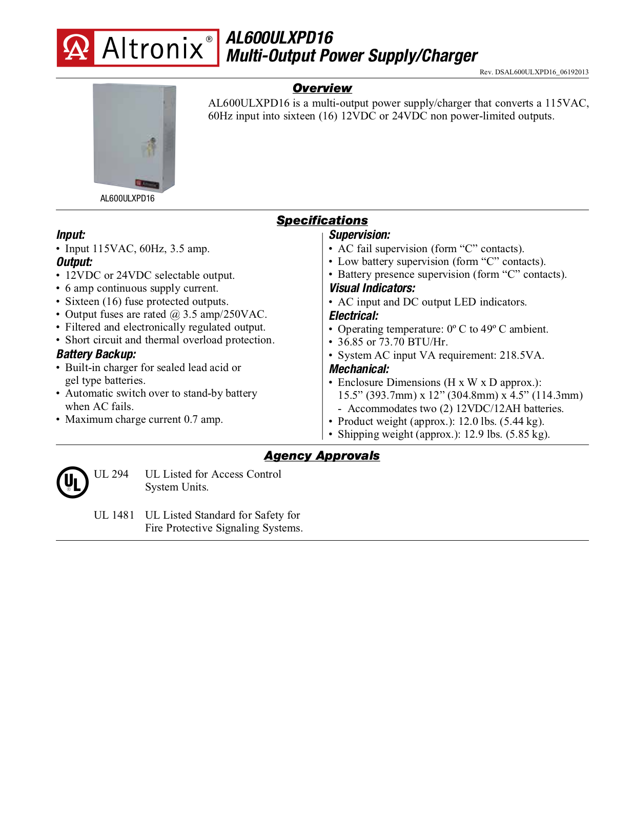 Altronix AL600ULXPD16 Specsheet