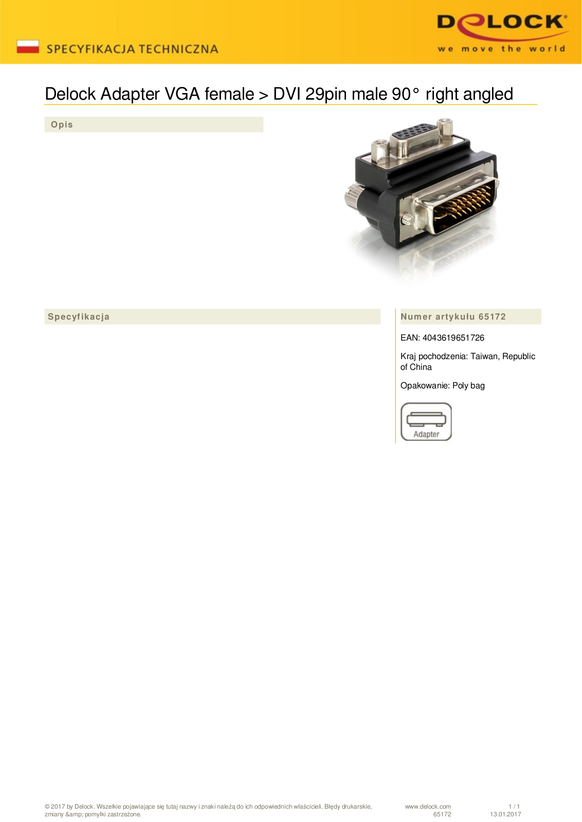 DeLOCK DVI-VGA adapter, angled 270 User Manual