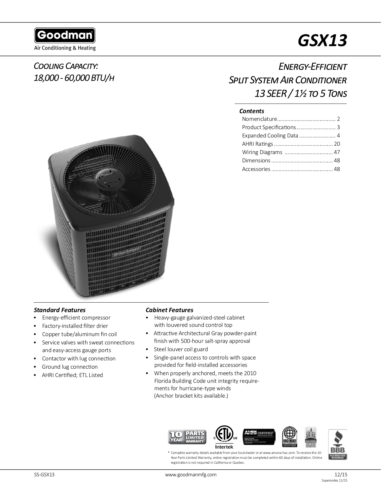 Goodman GSX130361E User Manual