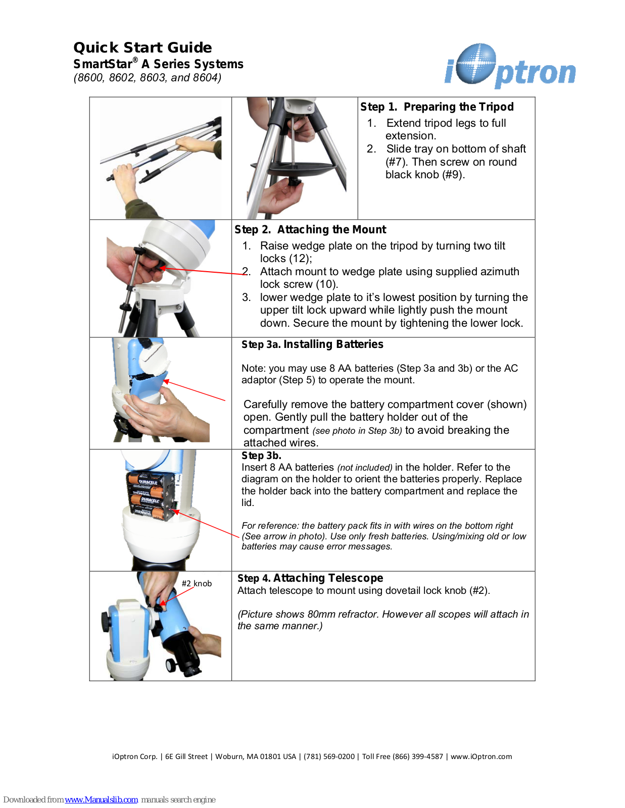 iOptron SmartStar 8600, SmartStar 8603, SmartStar 8602, SmartStar 8604, SmartStar-A 8600 Quick Start Manual