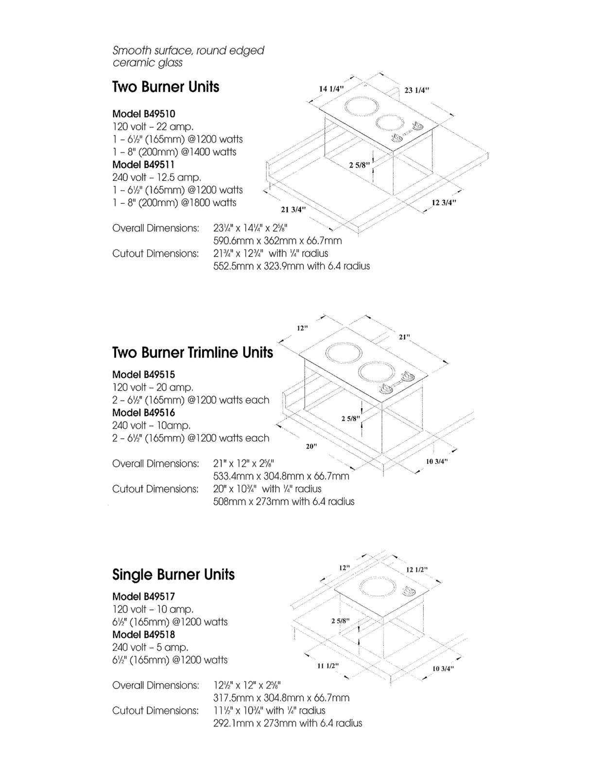 Summit B49510, B49511, B49515, B49516, B49517 dimension size