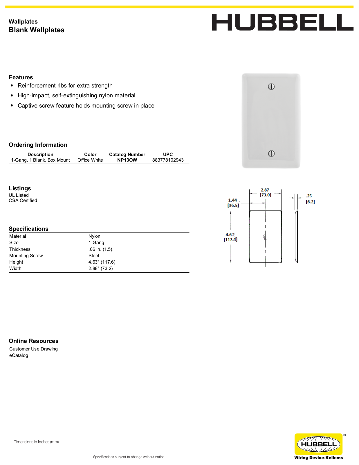 Hubbell NP13OW Specifications