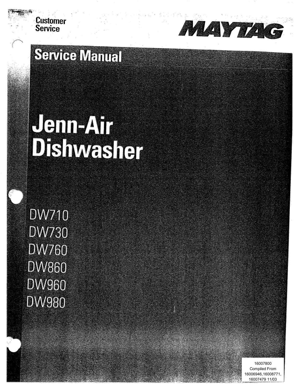 Jenn-Air dw710, dw730, dw760, dw980, dw860 Service Manual