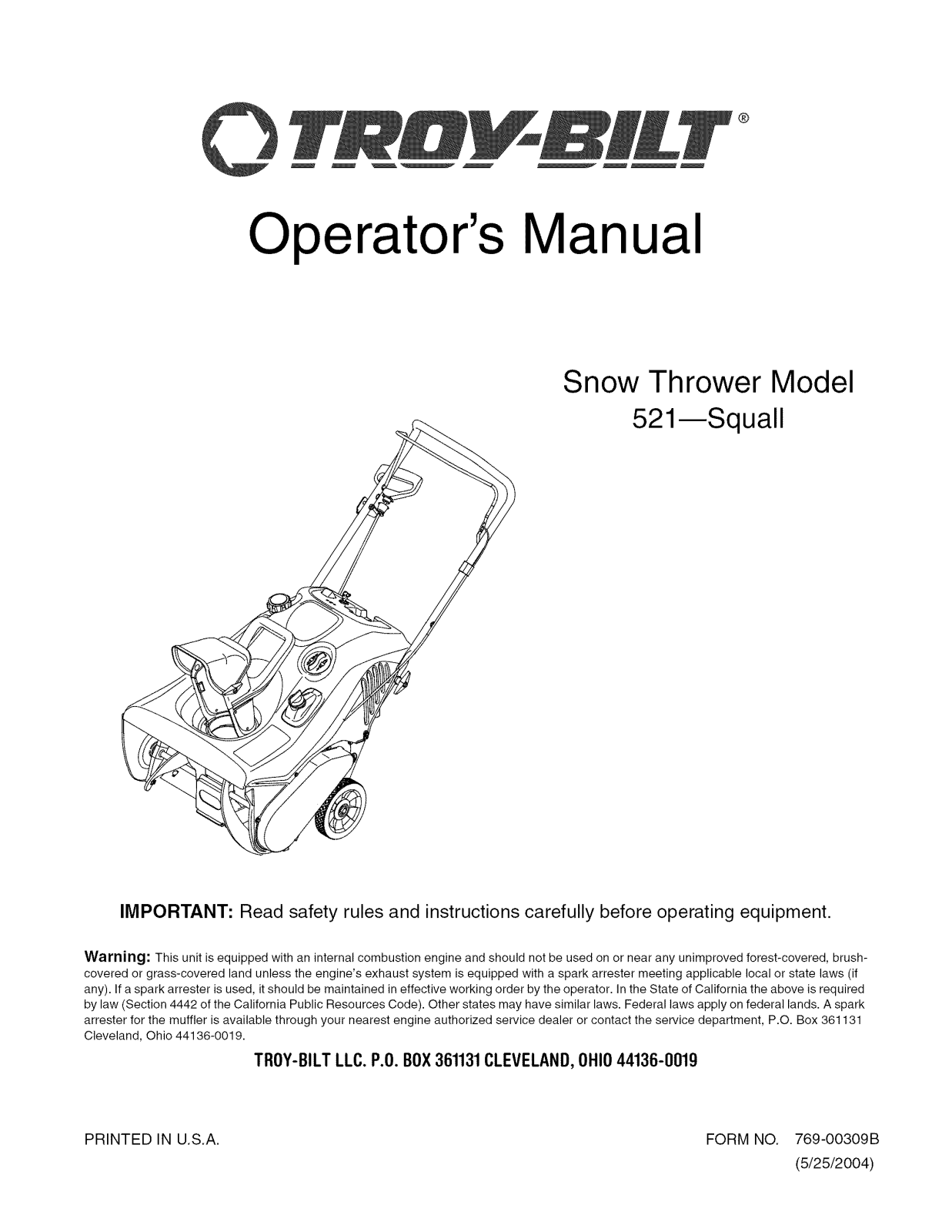 Troybilt 31AS2B5-711 Owner’s Manual