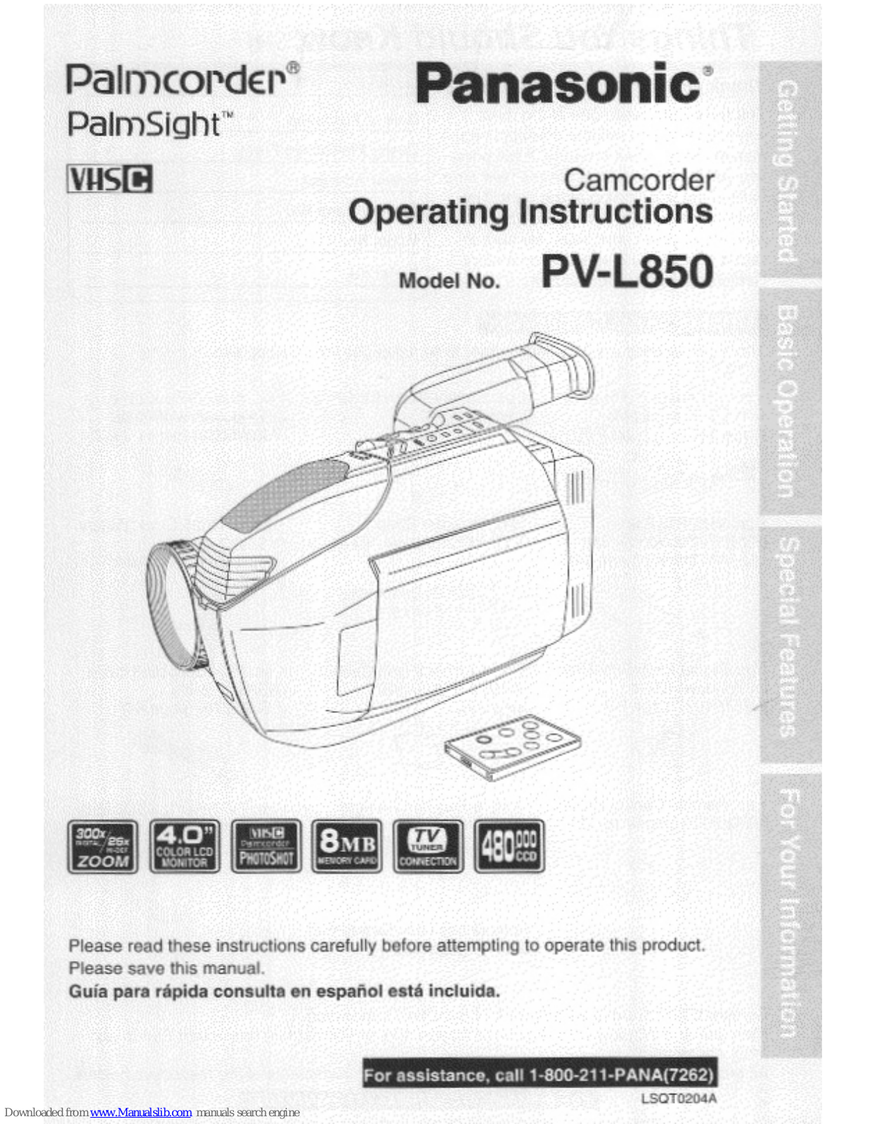 Panasonic Palmcorder PV-L850, PVL850D - VHS-C CAMCORDER Operating Manual