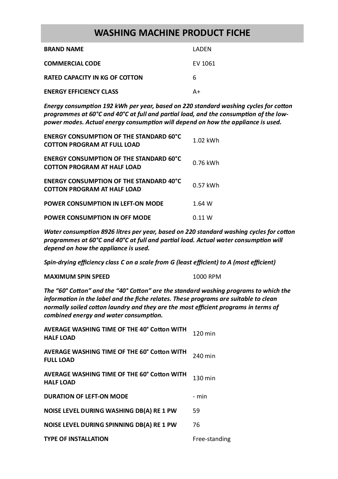 Whirlpool EV 1061, EV 1060 Product Sheet - ManualMachine.com