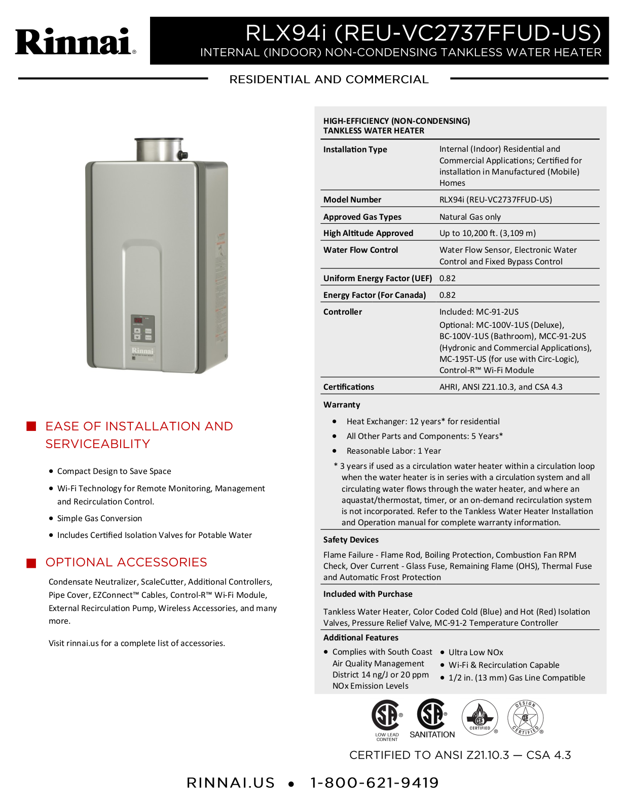 Rinnai Water Heater RLX94iN Specifications