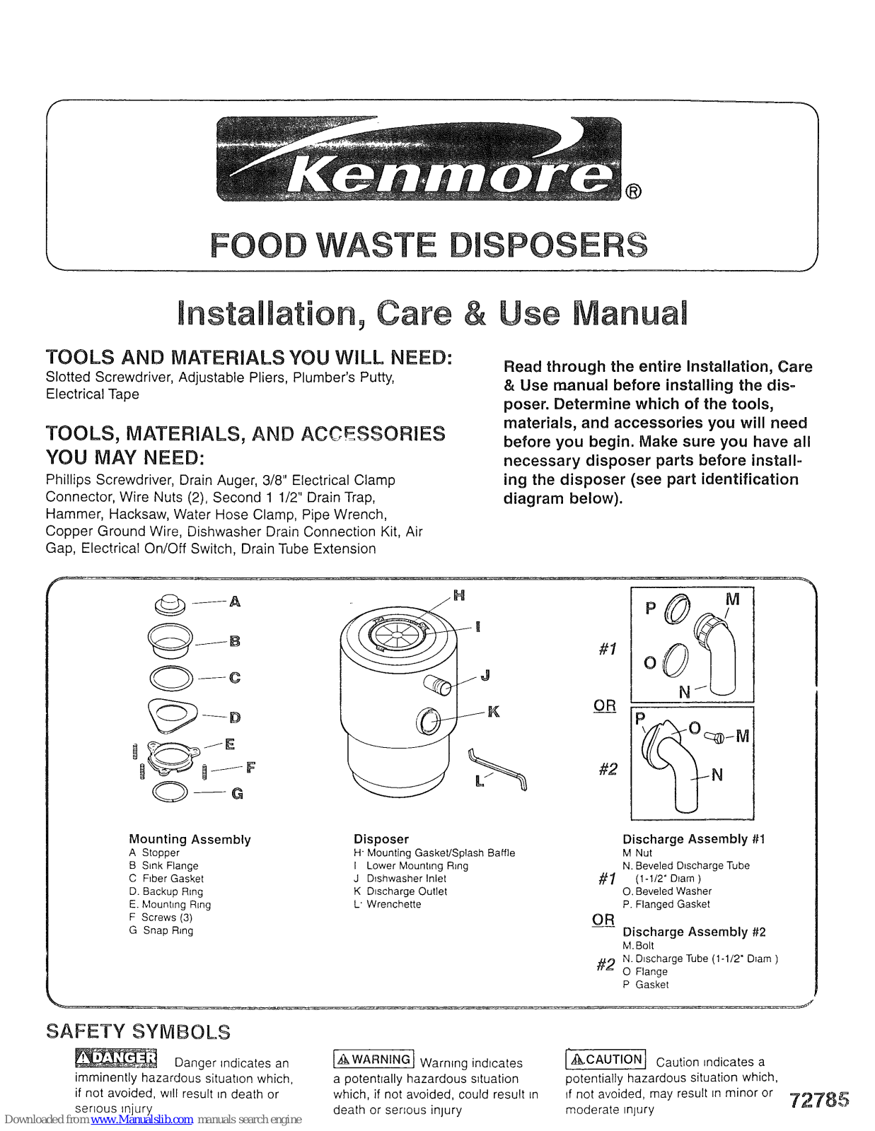 Kenmore 6056 - 3/4 HP Batch Feed Food Waste Disposer, 6012, 6011, 6013, 60552 Installation, Care & Use Manual - ManualMachine.com