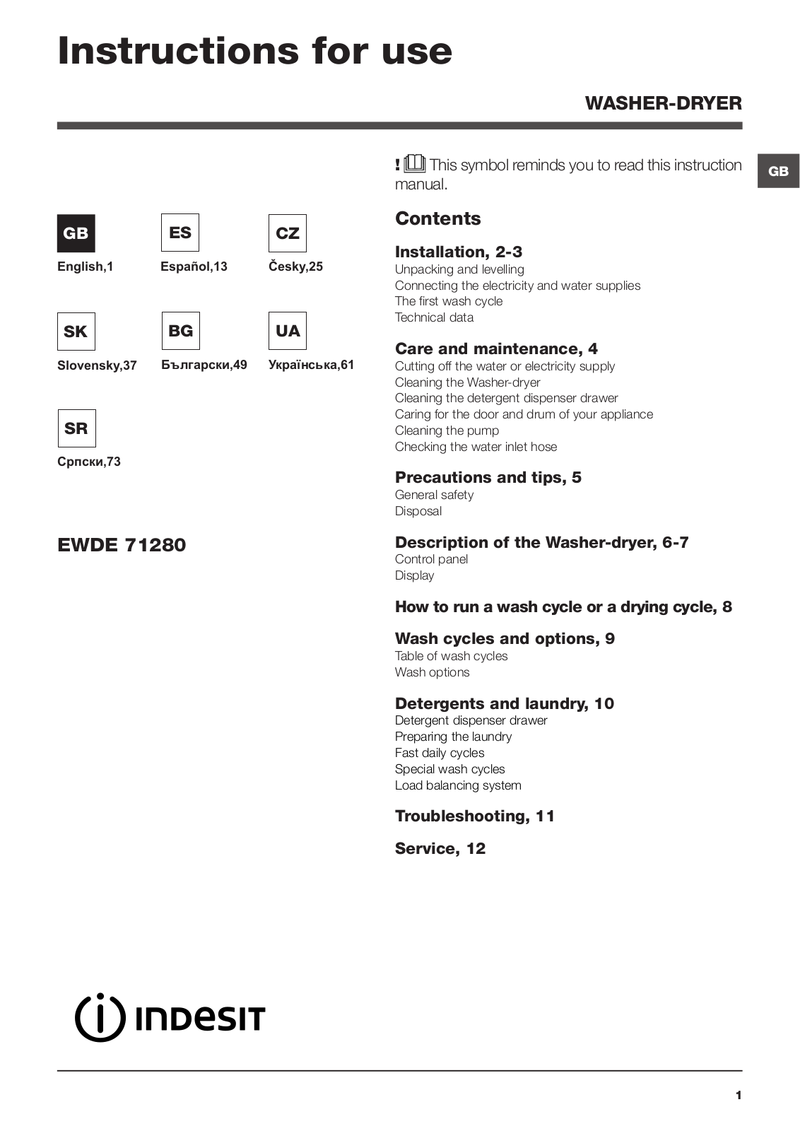 INDESIT EWDE 71280 W EU User Manual