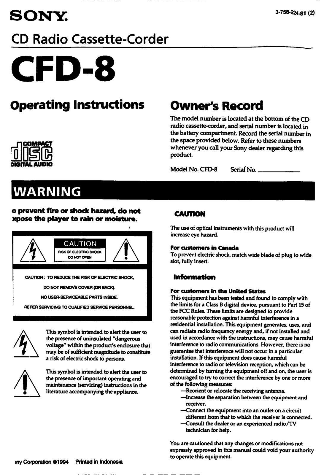 Sony CFD-8 User Manual