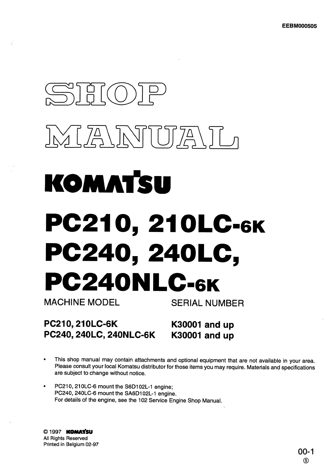 Komatsu PC210, PC210LC-6K, PC240, PC240LC, PC240NLC-6k Service Manual