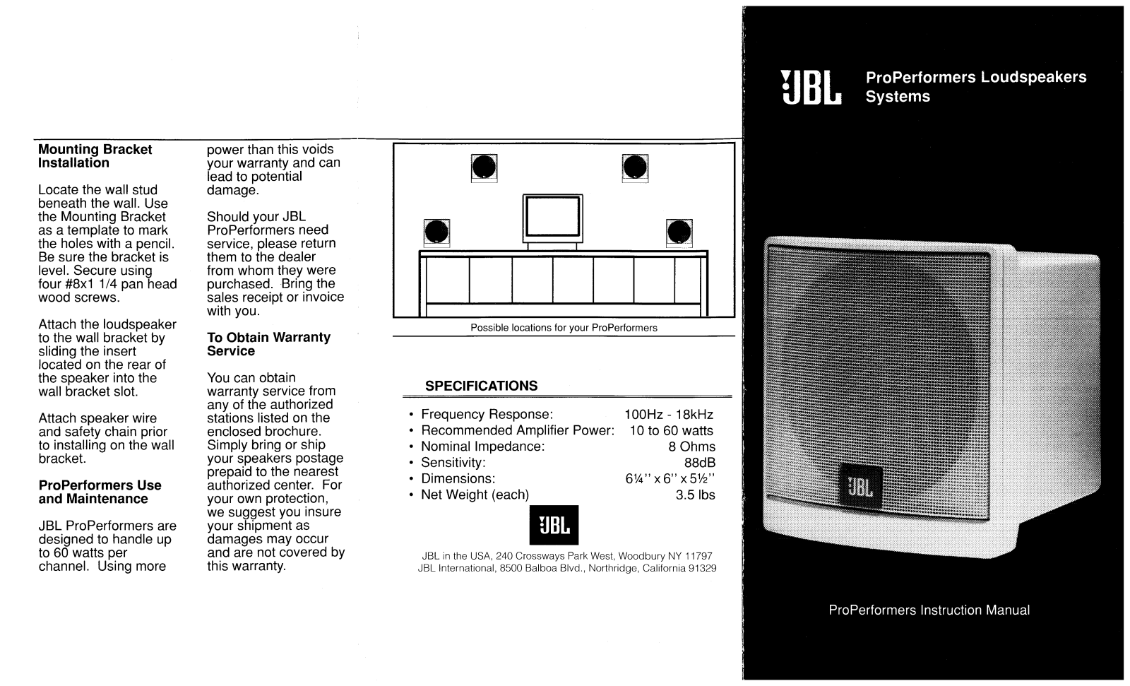 Jbl PROPERFORMERS, PRO PRFMR, PROPERFORMER User Manual