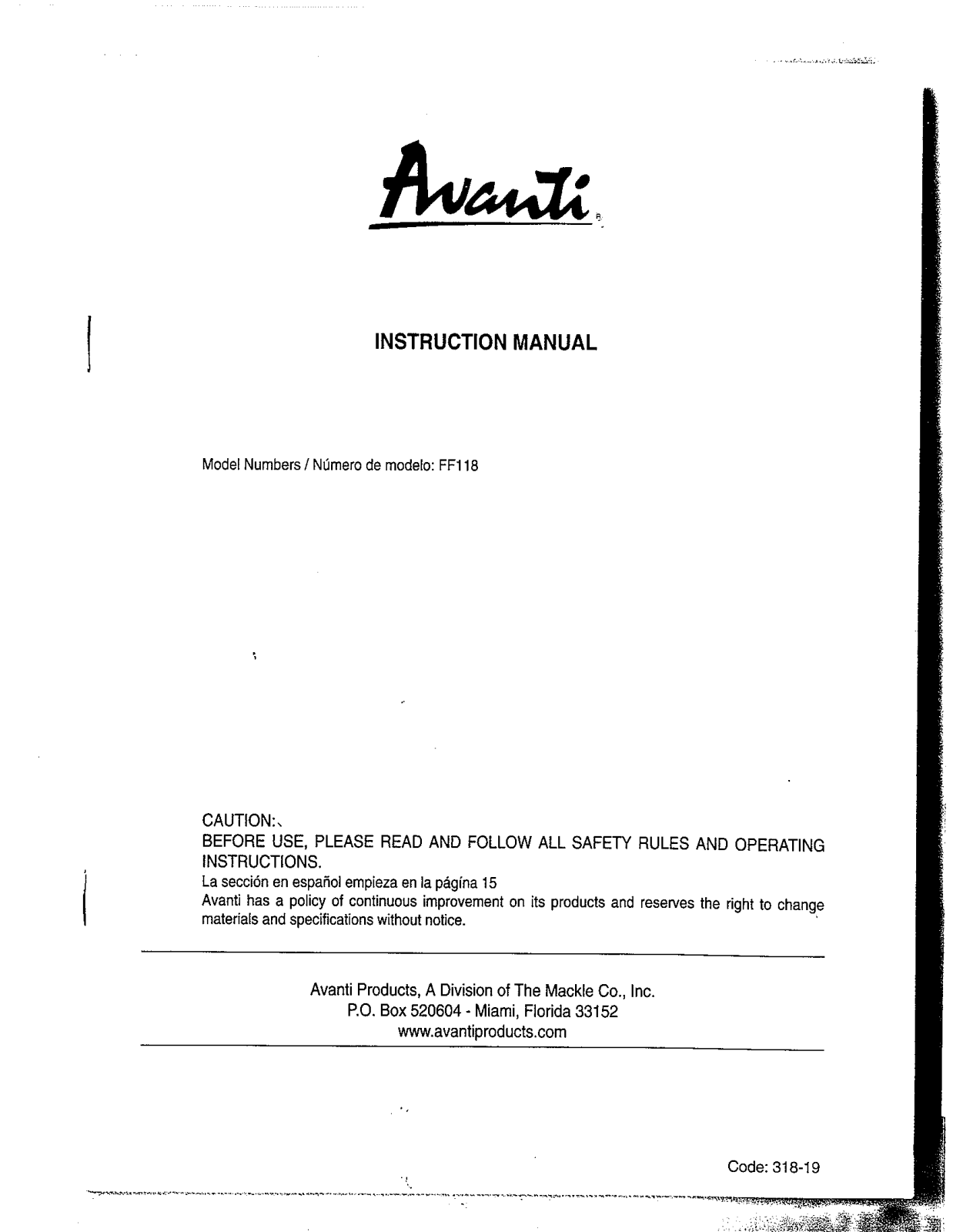 Avanti FF118 User Manual