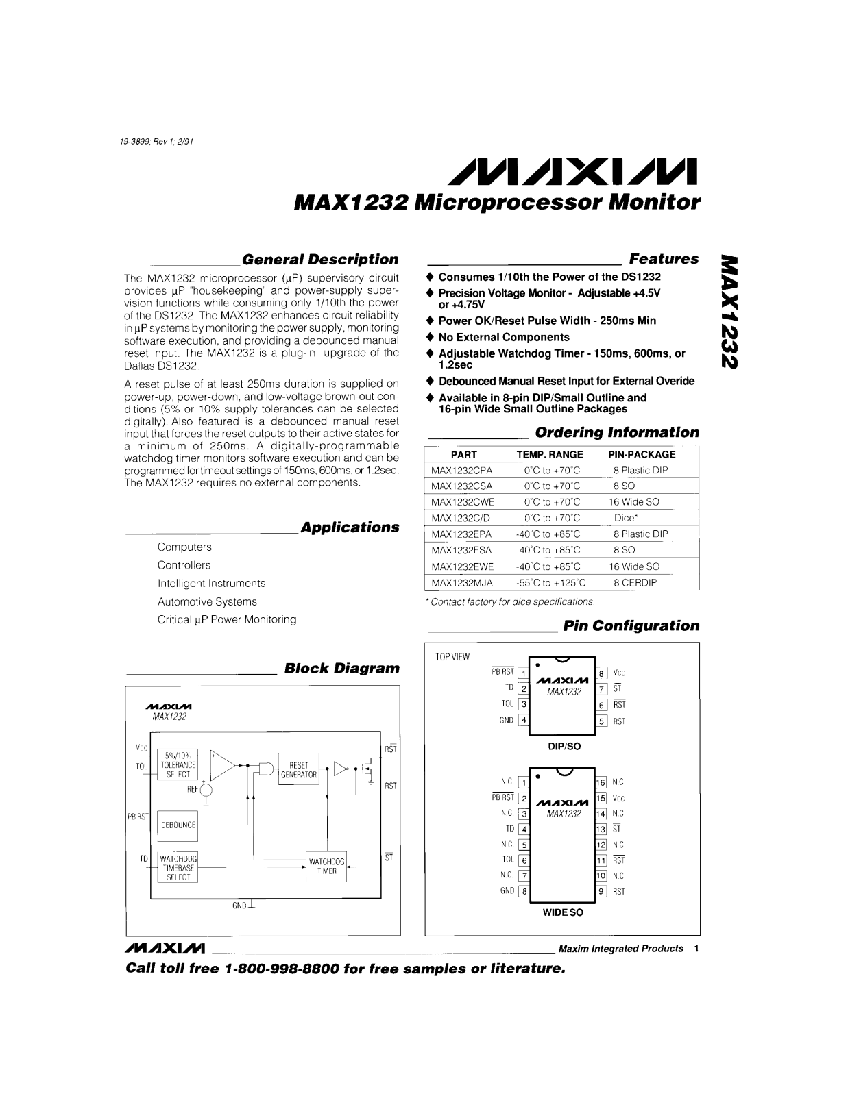 Maxim MAX1232MJA, MAX1232ESA, MAX1232EPA, MAX1232CWE, MAX1232CSA Datasheet