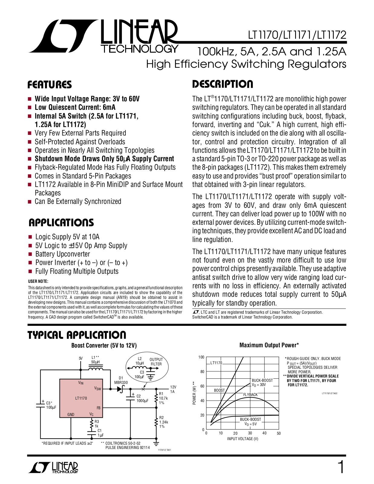 Linear Technology LT1172MK, LT1172MJ8, LT1172IS8, LT1172IN8, LT1172HVCT Datasheet