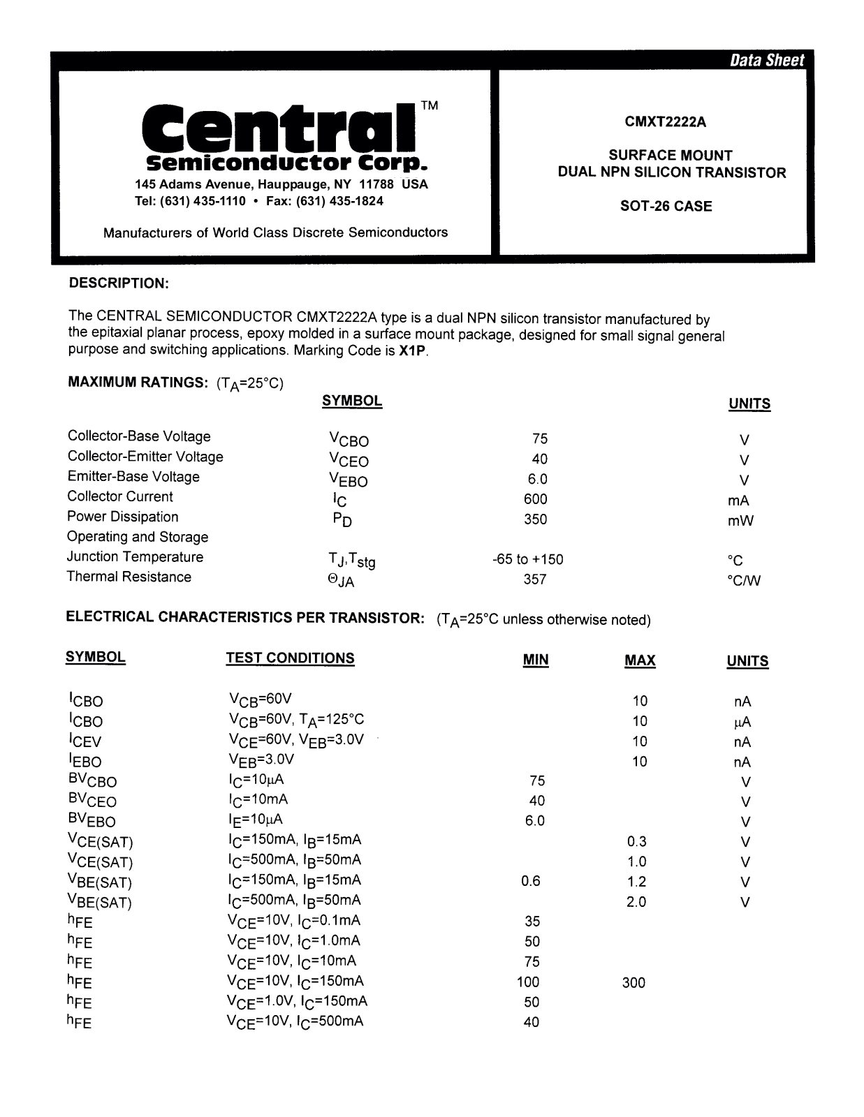 CENTR CMXT2222A Datasheet