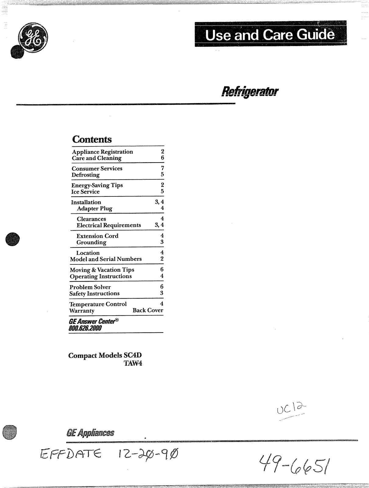 GE TAW4, SC4D Use and Care Manual