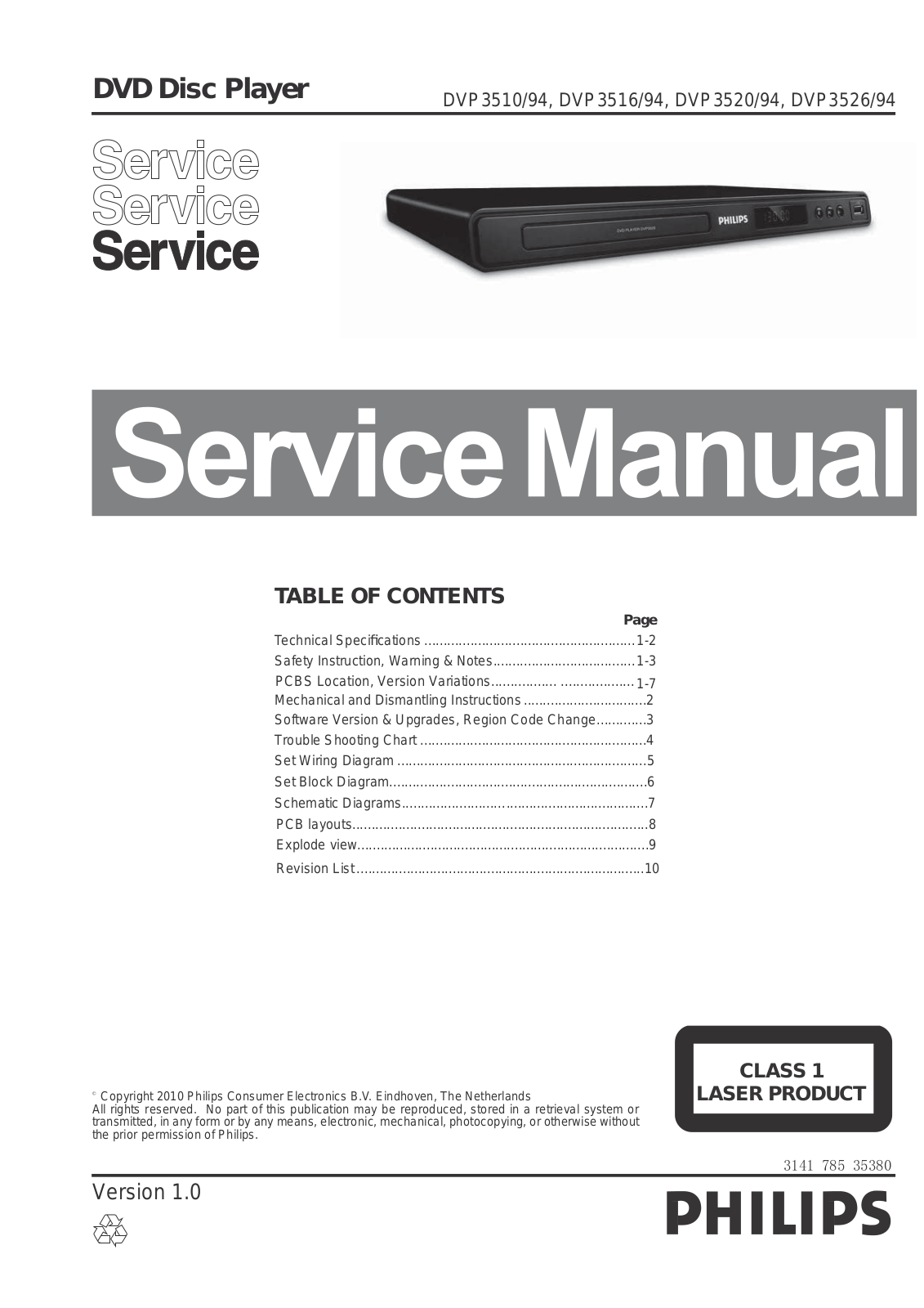 Philips DVP-3526, DVP-3520, DVP-3516, DVP-3510 Service Manual
