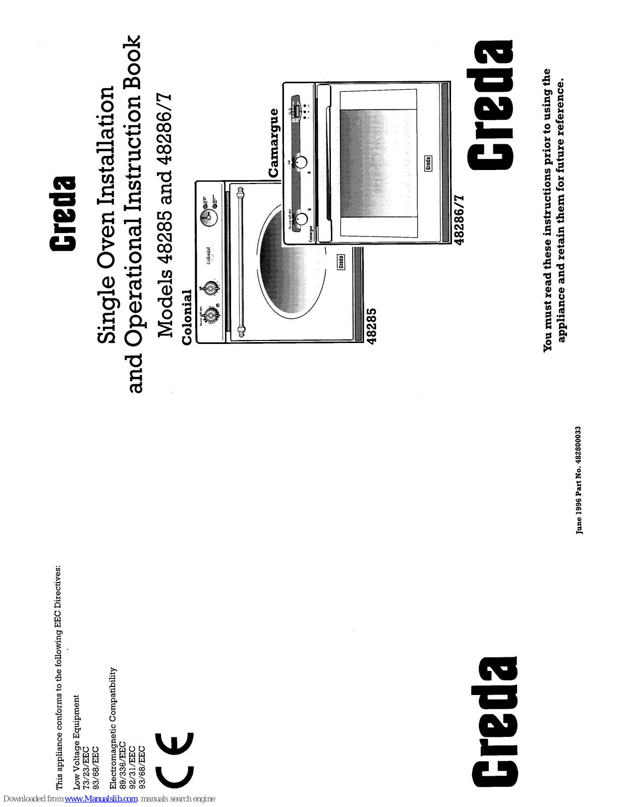 Creda HB48293, Colonial 48285, Camargue 48286, Camargue 48287 Install And Operation Instructions