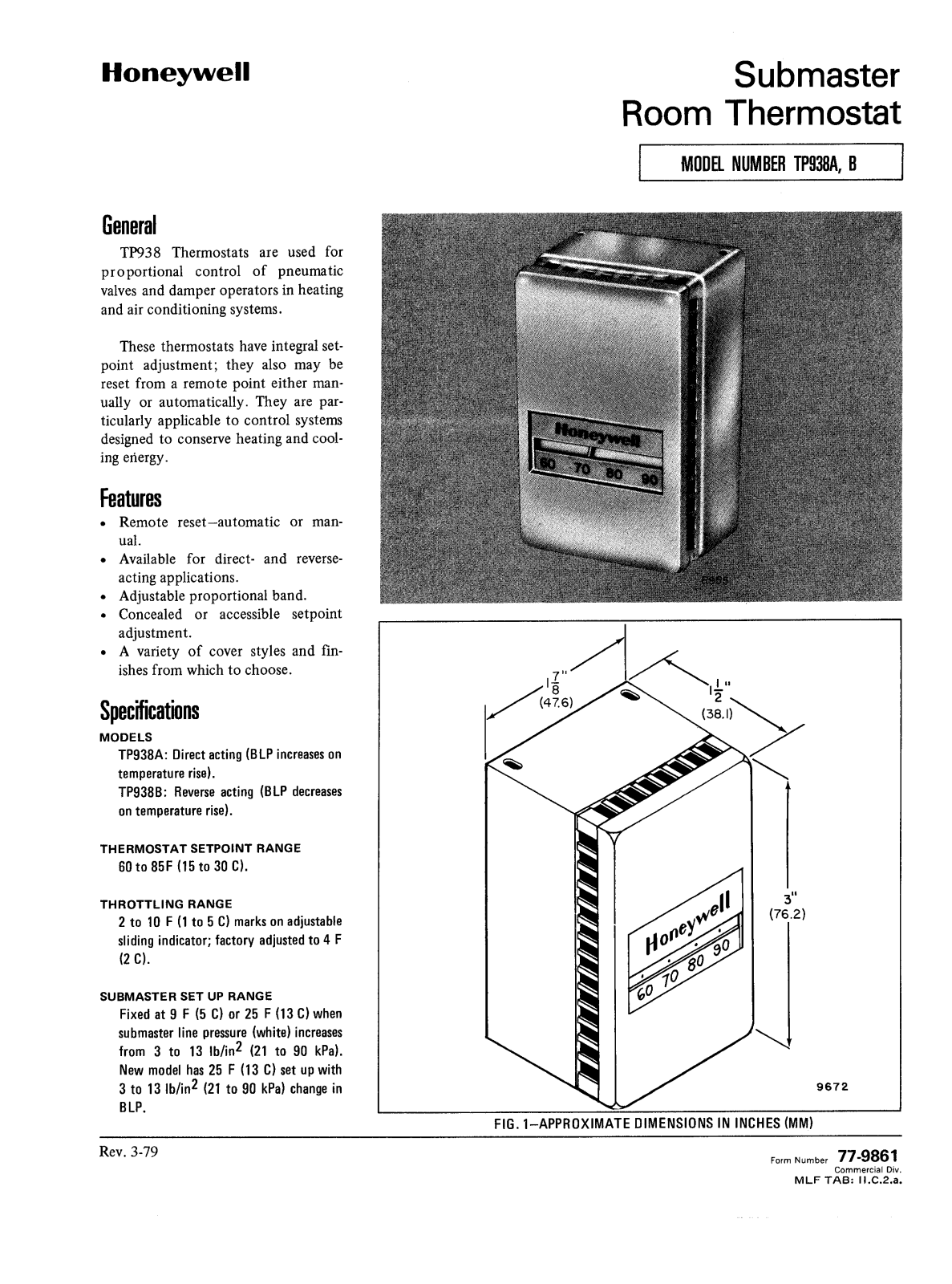 Honeywell TP938A, TP938B Data Sheet