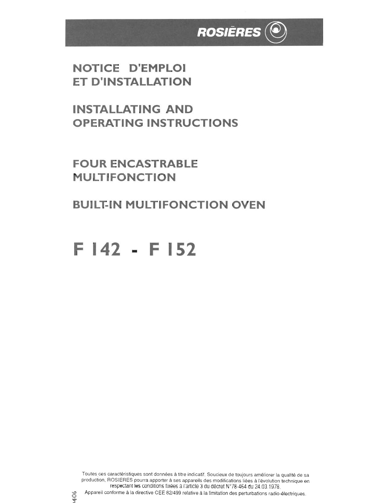 ROSIERES F 142, F 152 User Manual