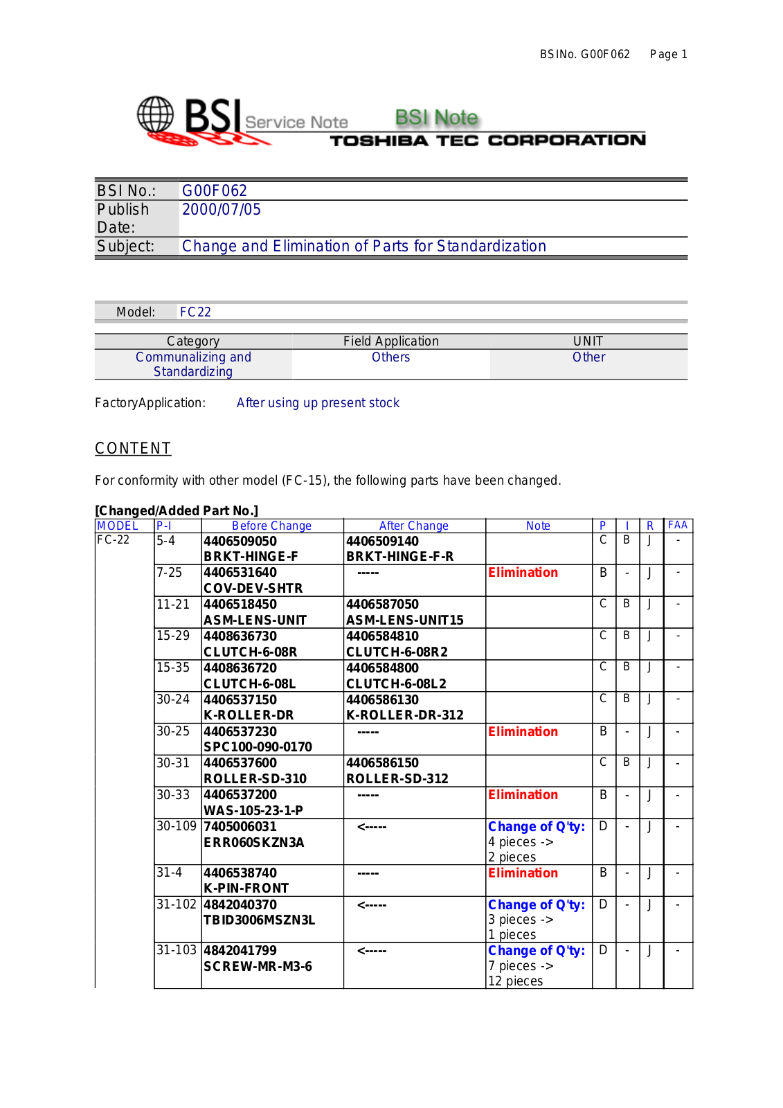 Toshiba G00F062 Service Note