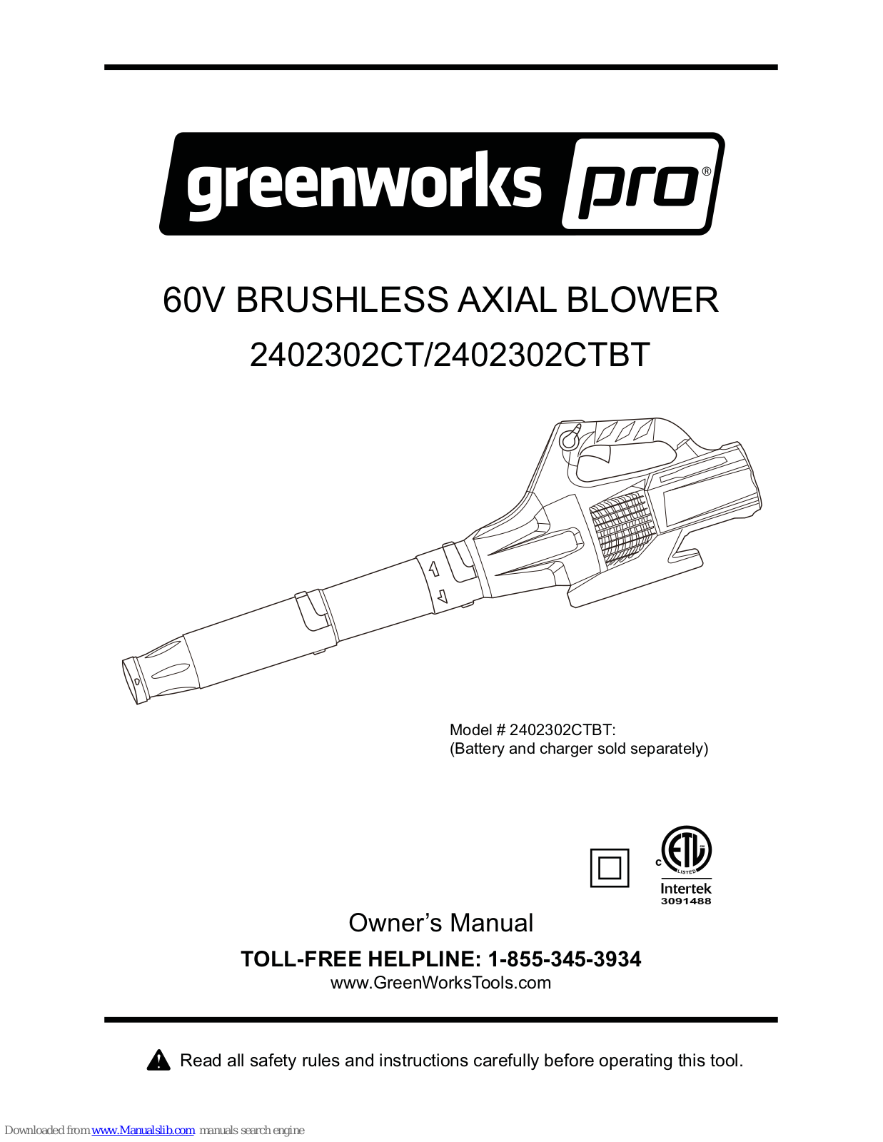 GreenWorks Pro 2402302CT, 2402302CTBT Owner's Manual