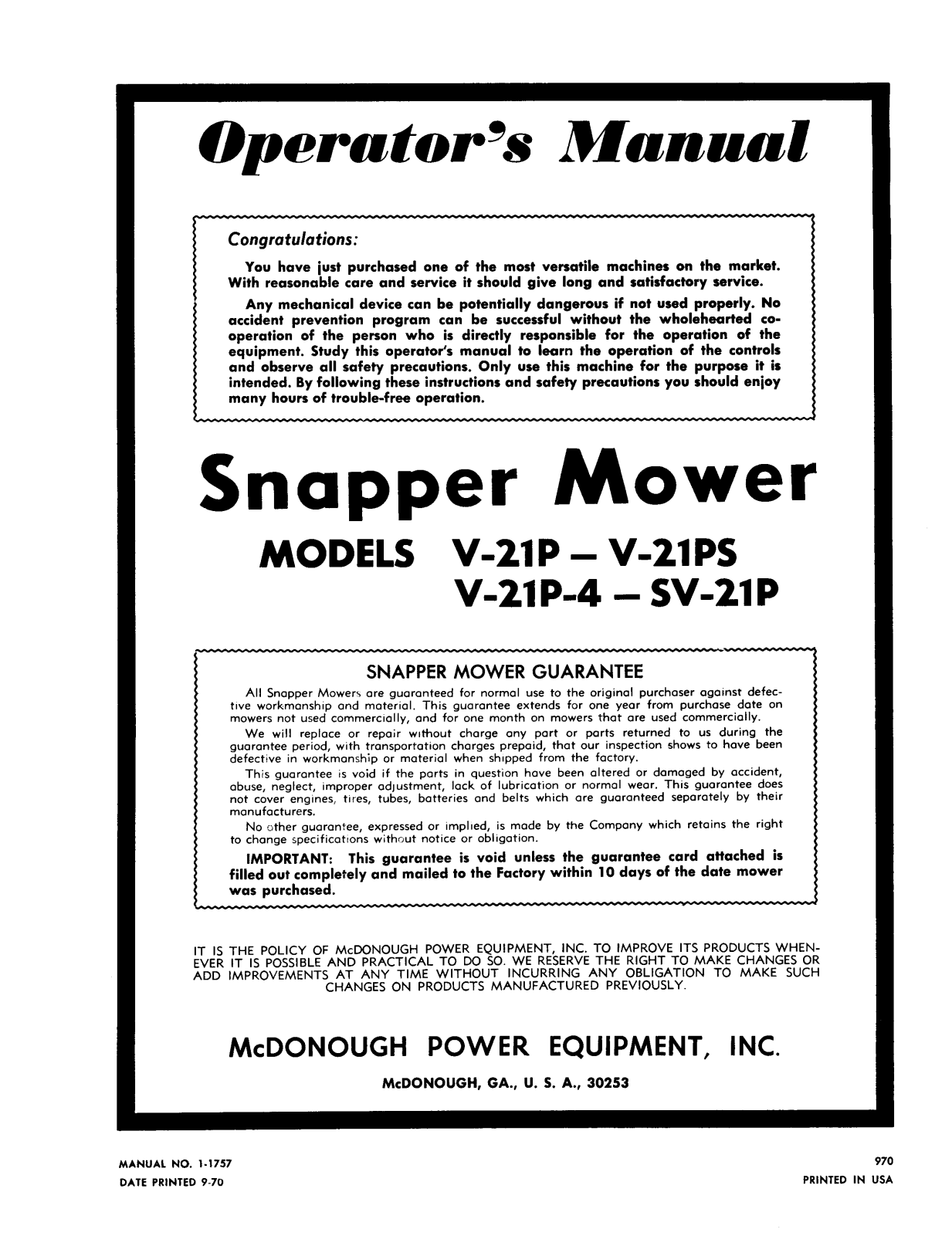 Snapper V-21P-4 User Manual