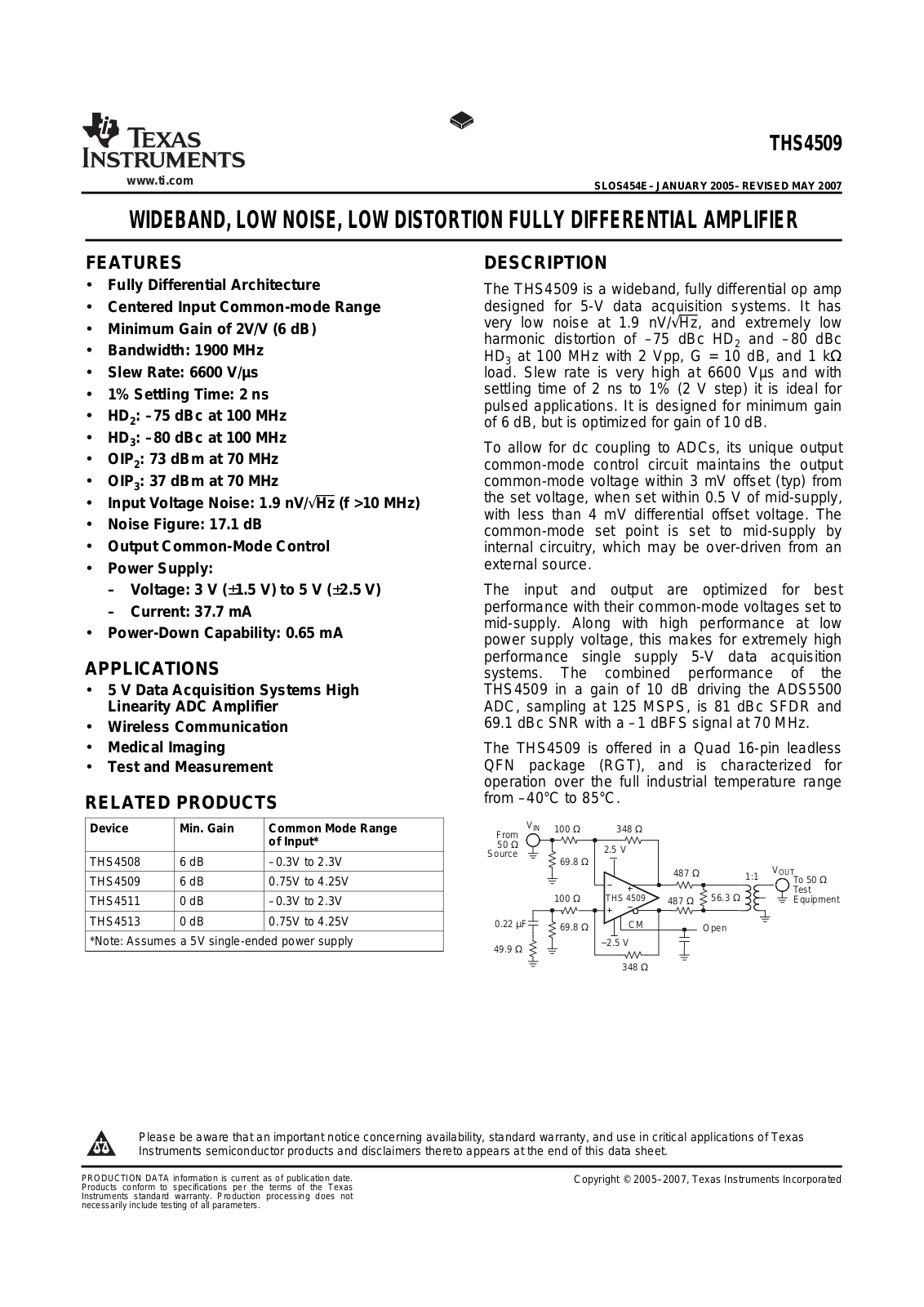 Texas Instruments THS4509RGTTG4, THS4509 Datasheet