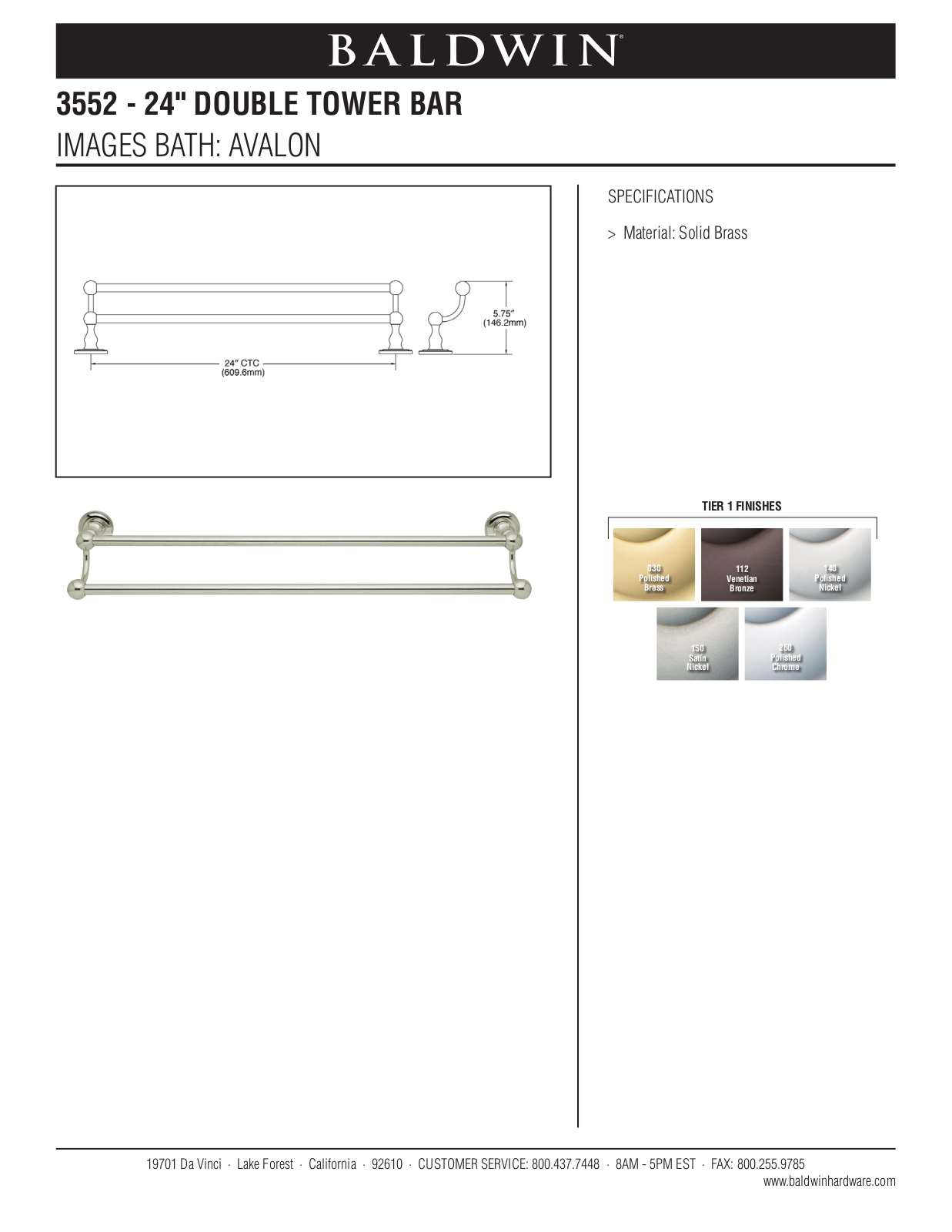 Baldwin Avalon 24 Double Towel Bar User Manual