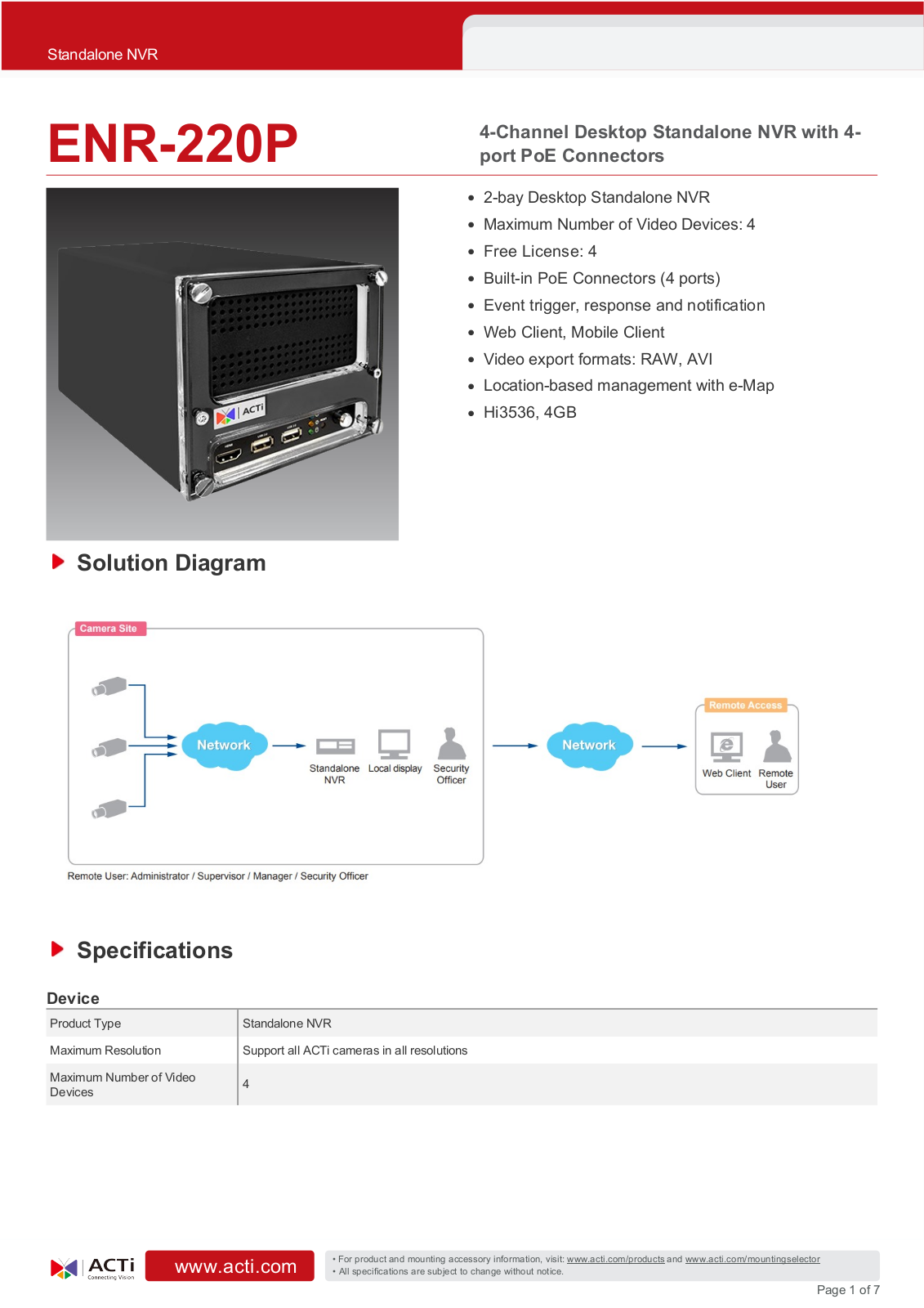 ACTi MNR-110P, ENR-220P Specsheet