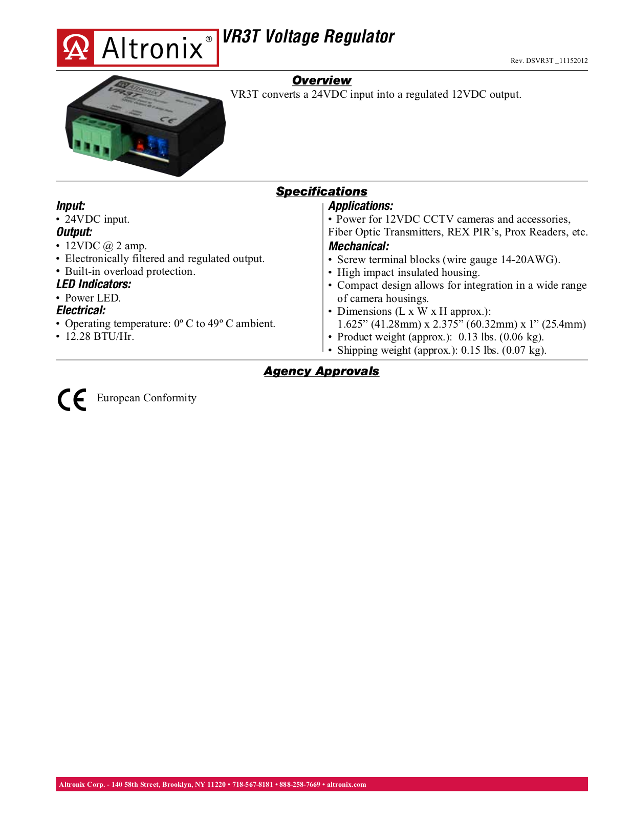 Altronix VR3T Specsheet