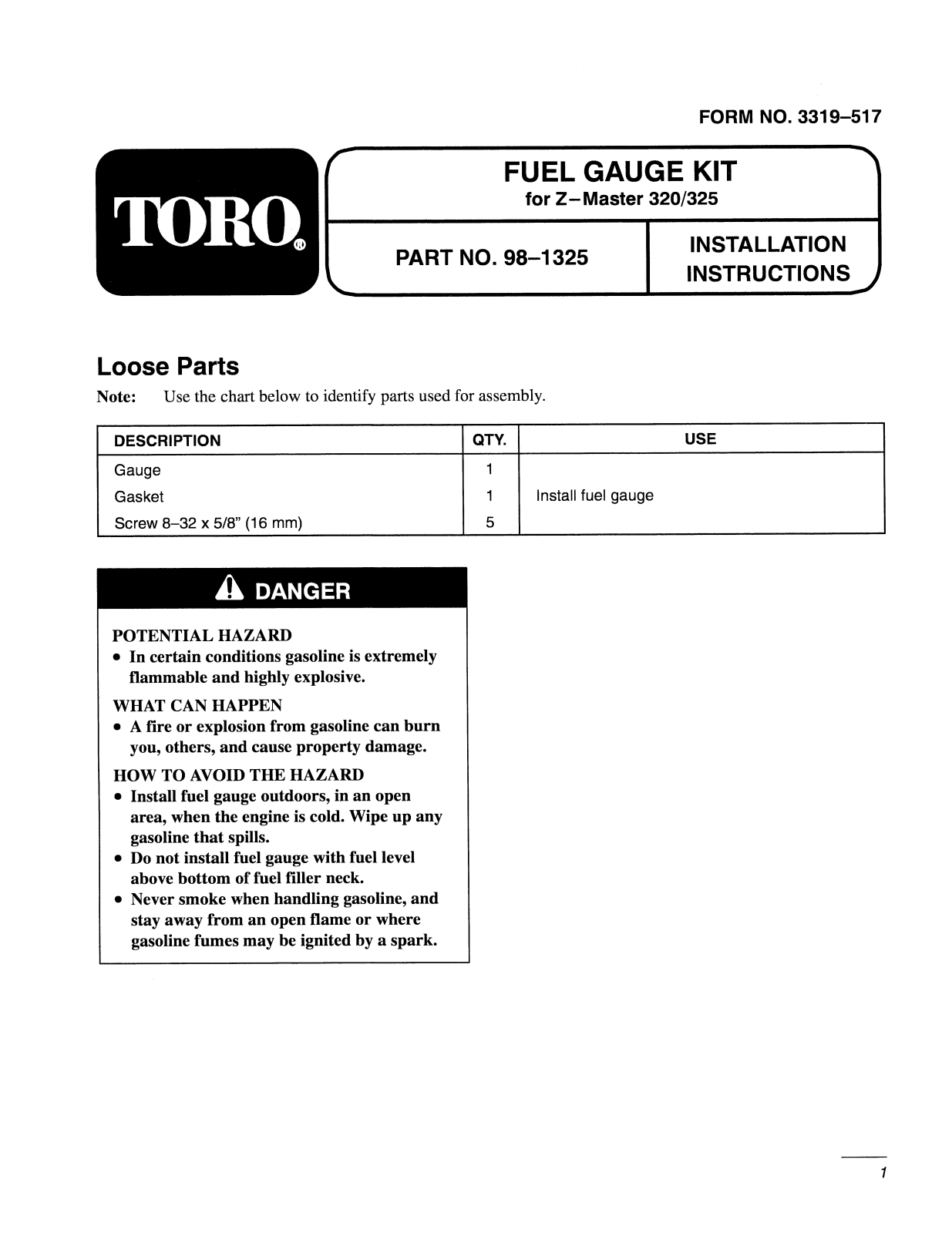 Toro 98-1325 Installation Instructions