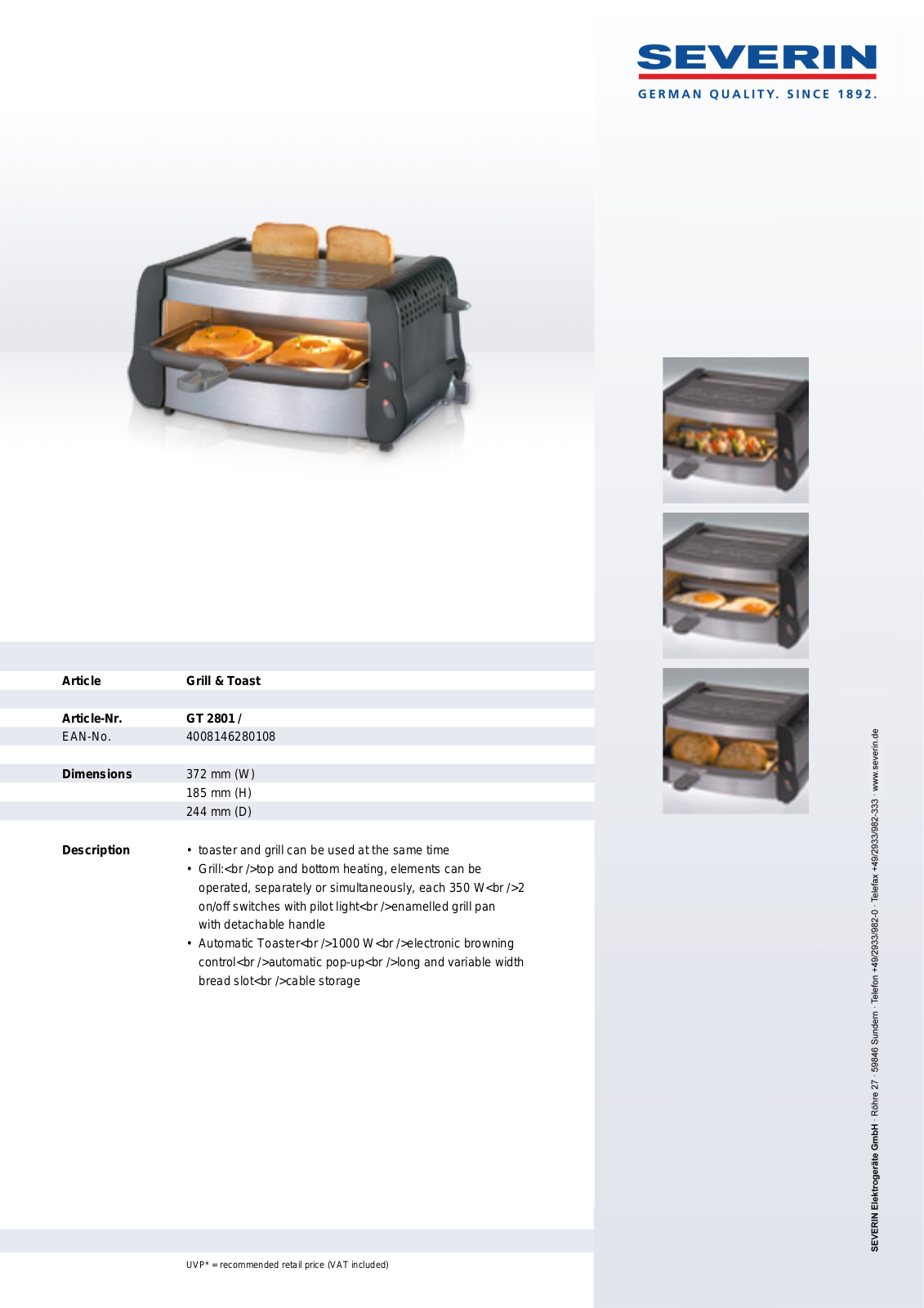 Severin GT 2801, GRILL AND TOAST User Manual