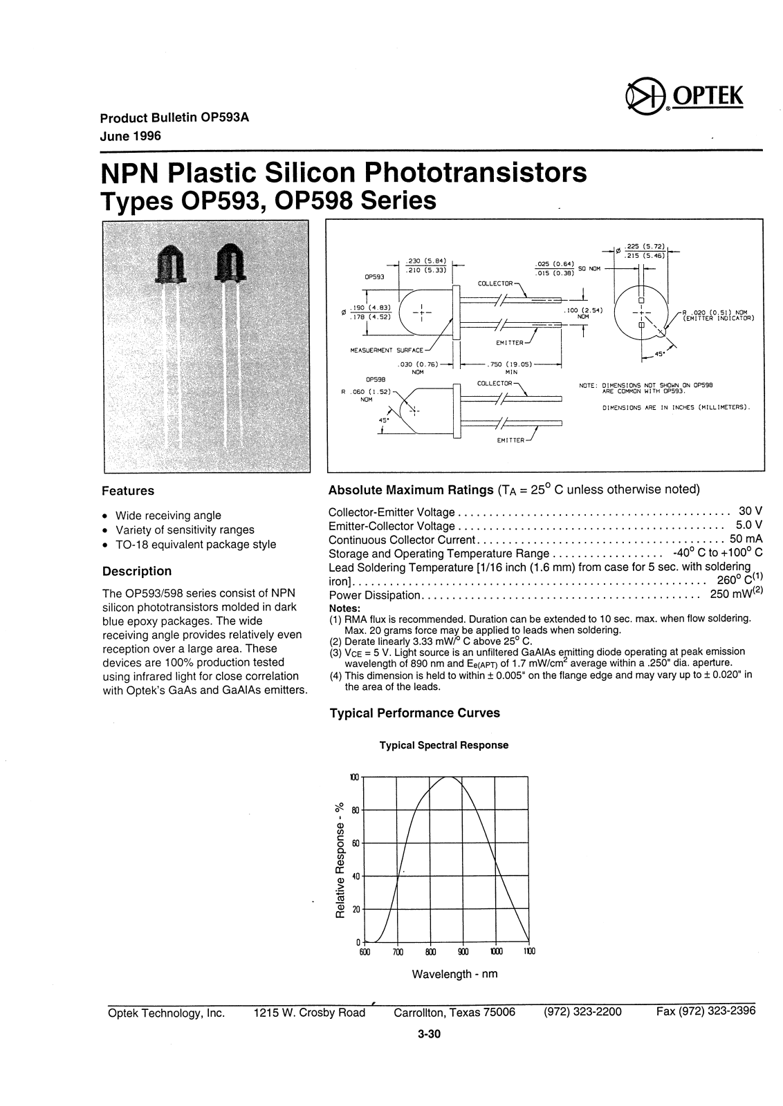 OPTEK OP598C, OP593, OP593A, OP598B, OP598A Datasheet