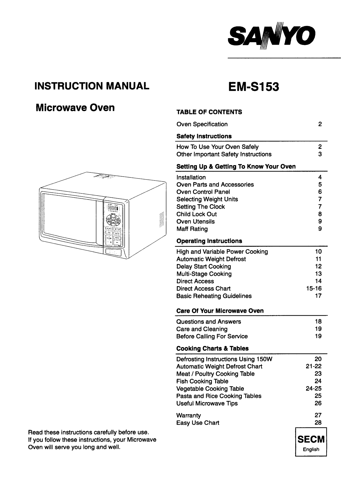 Sanyo EM-S153 Instruction Manual