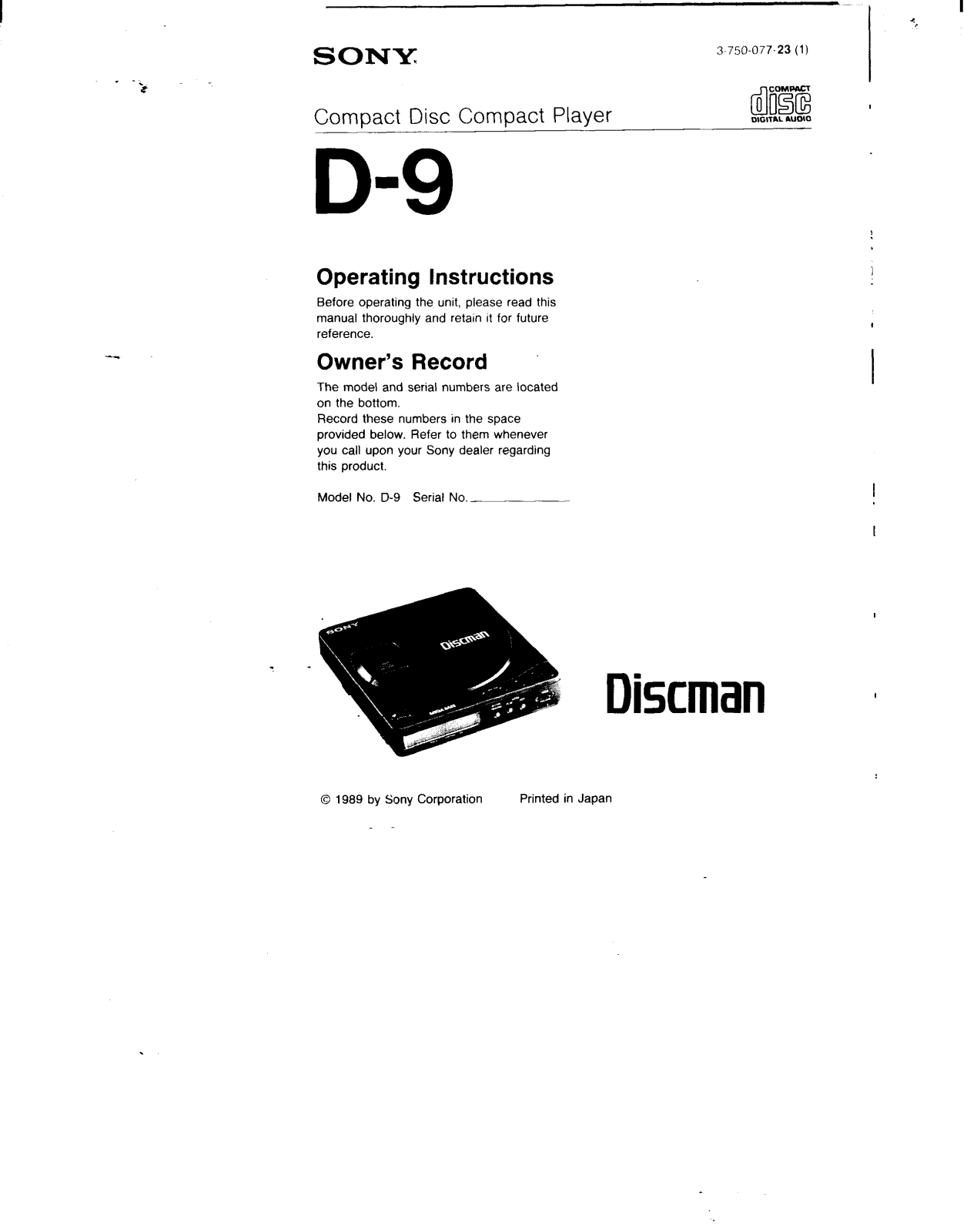 Sony D9 Operating Instructions