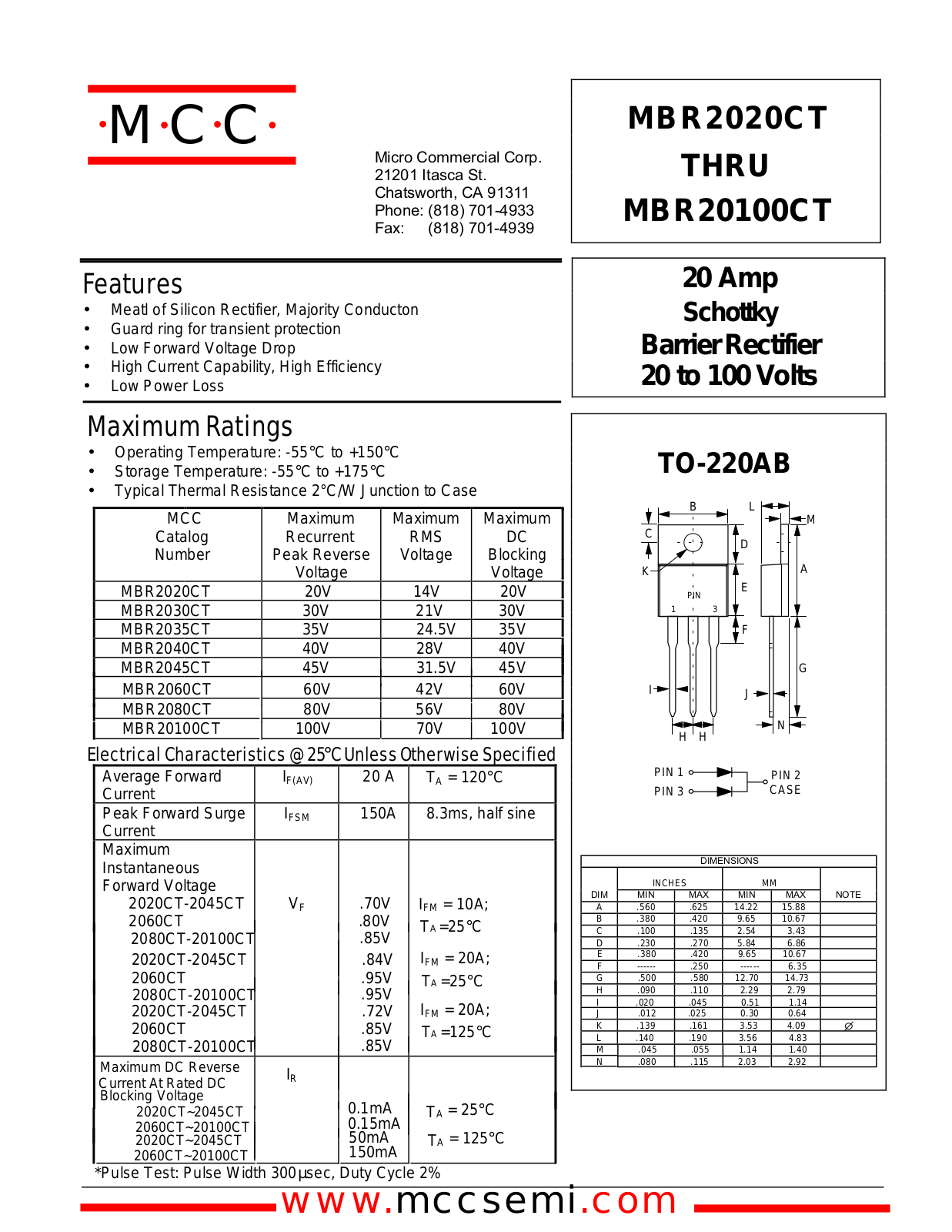 MCC MBR2020CT, MBR2060CT, MBR2080CT, MBR2040CT, MBR20100CT Datasheet