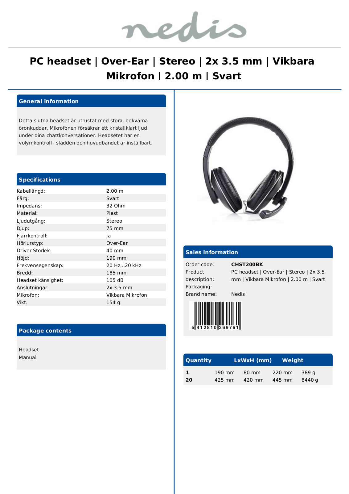 Nedis CHST200BK Datasheet - ManualMachine.com