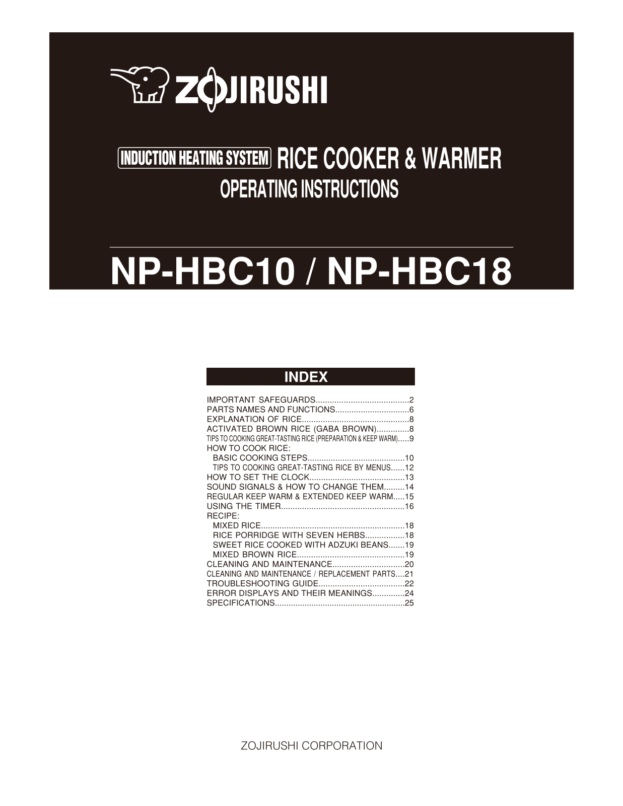 Zojirushi NP-HBC10, NP-HBC18 User Manual