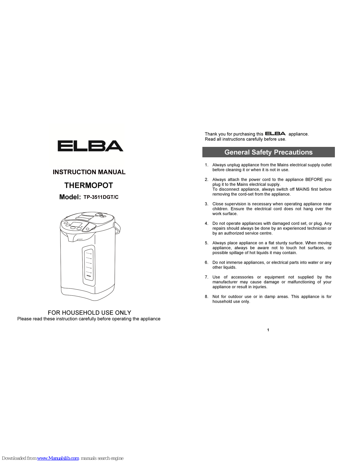 Elba TP-3511DGT, TP-3511C Instruction Manual