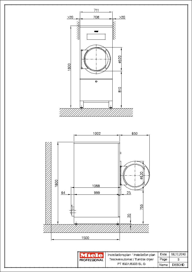 Miele PT 8301 SL G, PT 8301 COP SL G, PT 8303 SL G Installation diagram