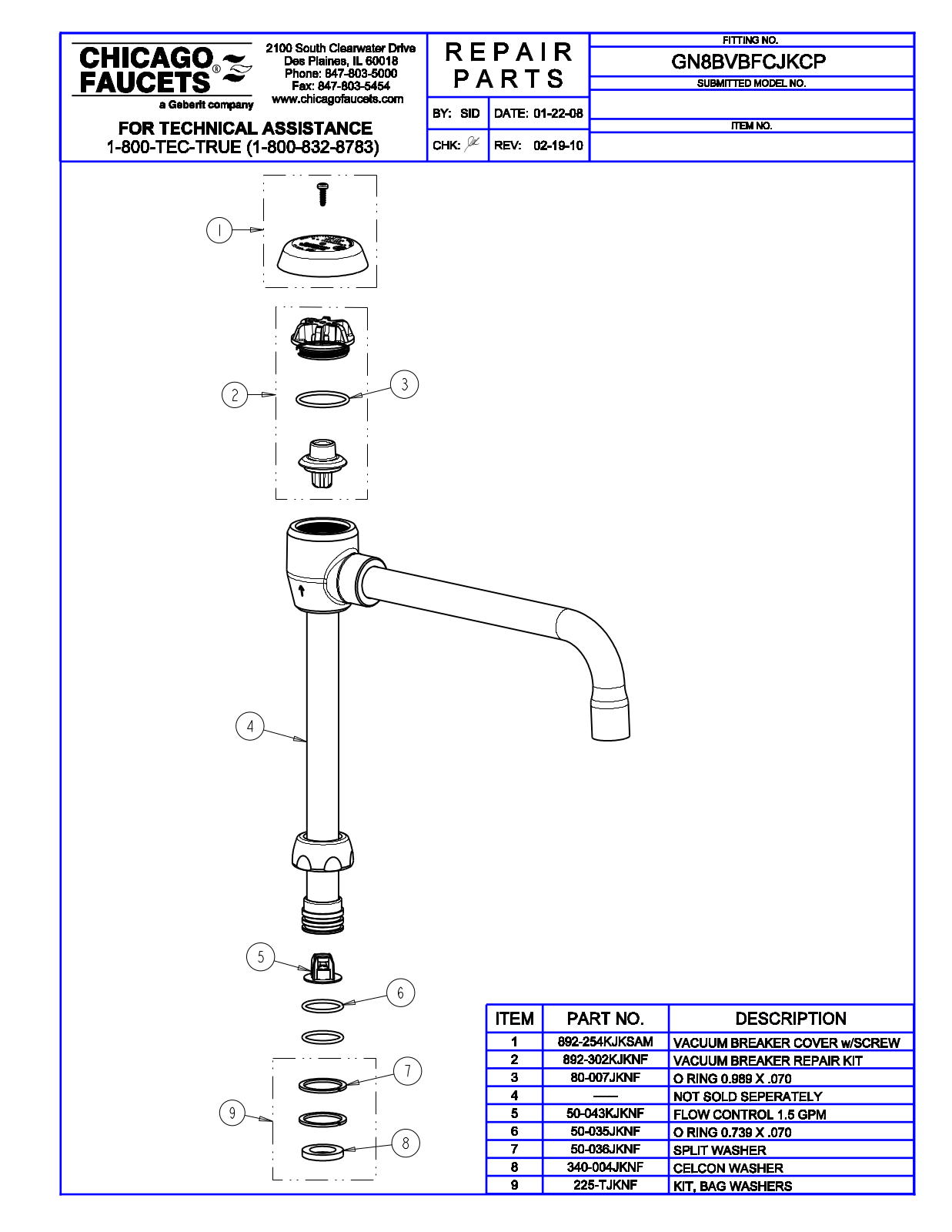 Chicago Faucet GN8BVBFCJKCP Parts List