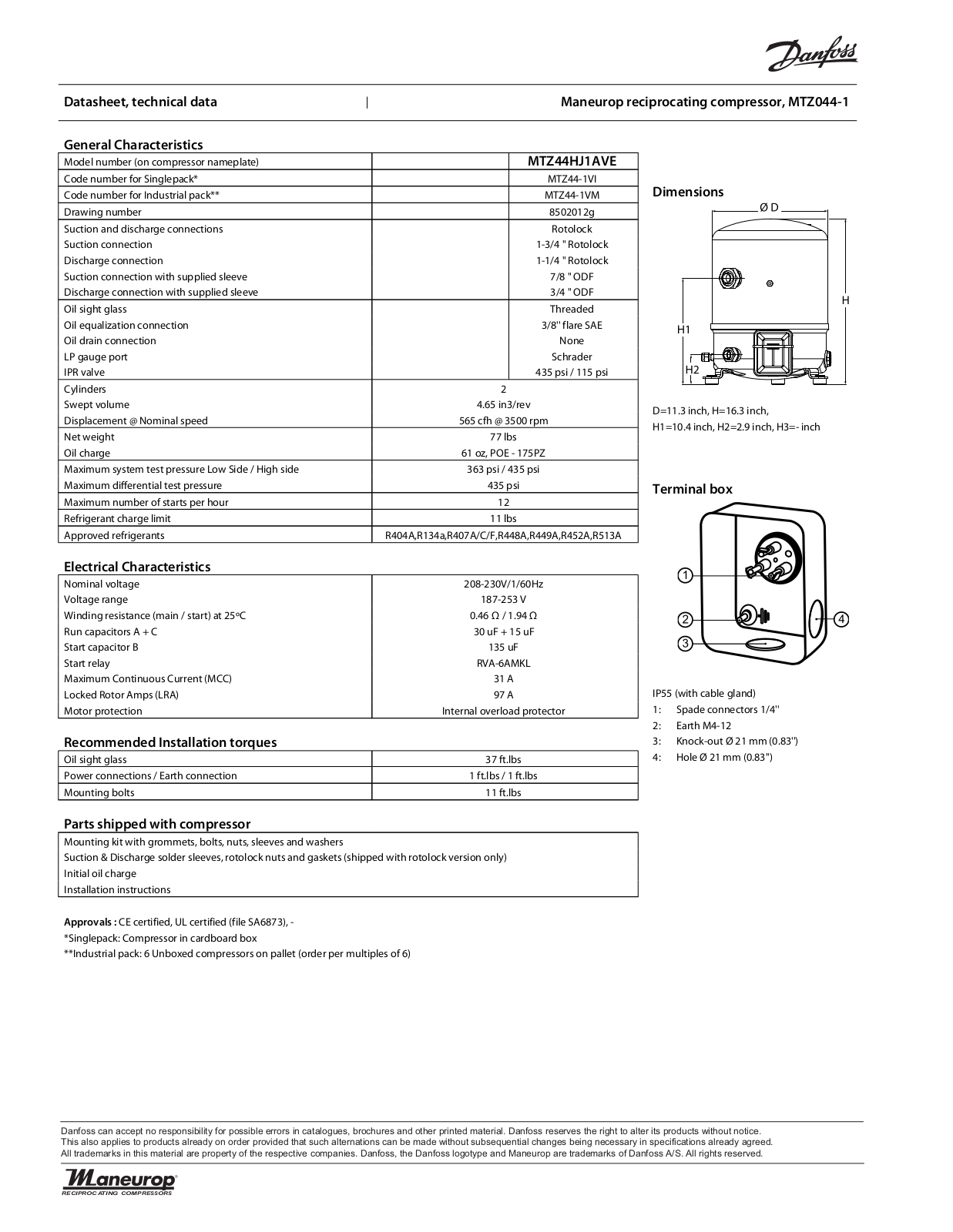 Danfoss Electronics MTZ044-1 Data Sheet