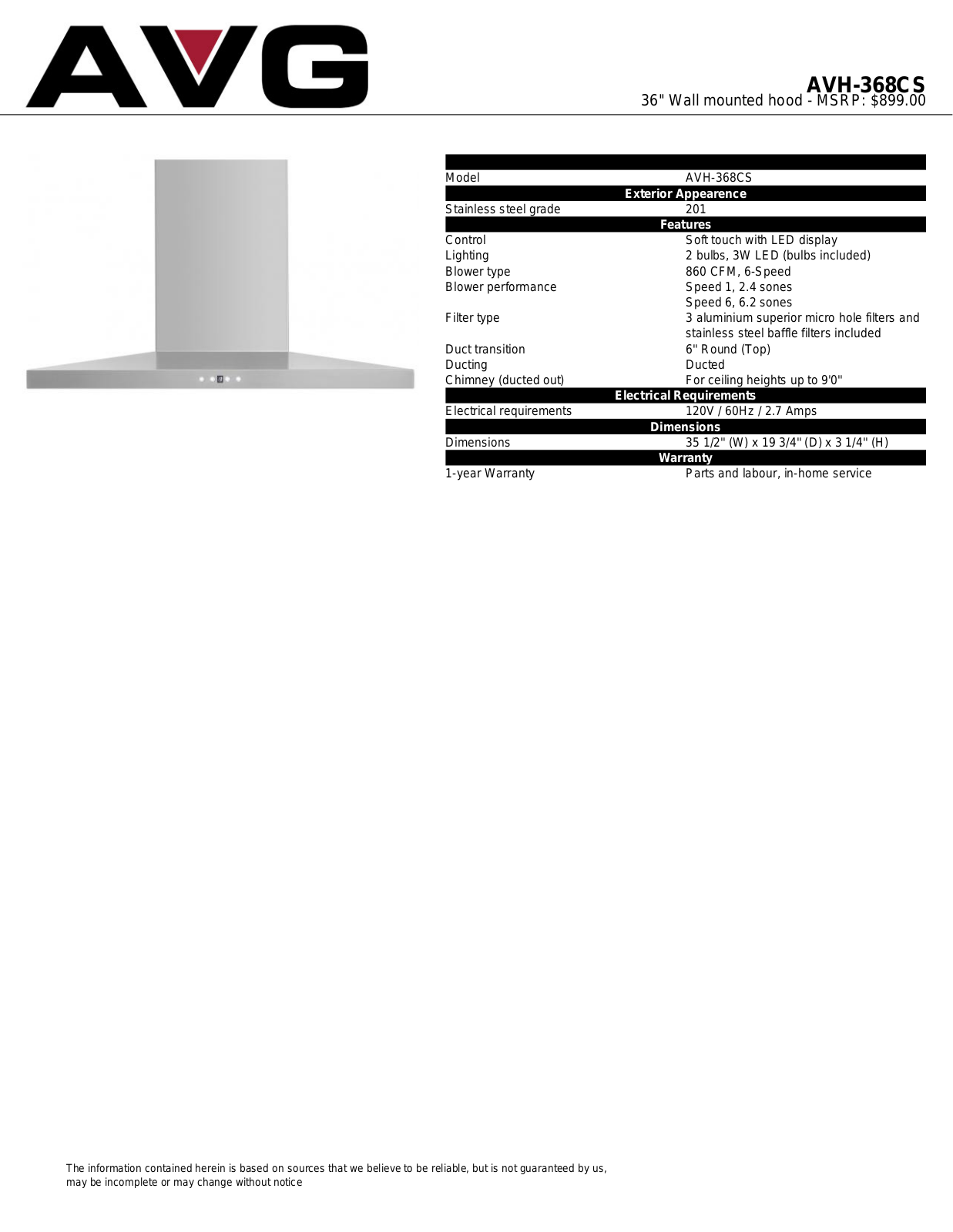 AVG AVH368CS Specification