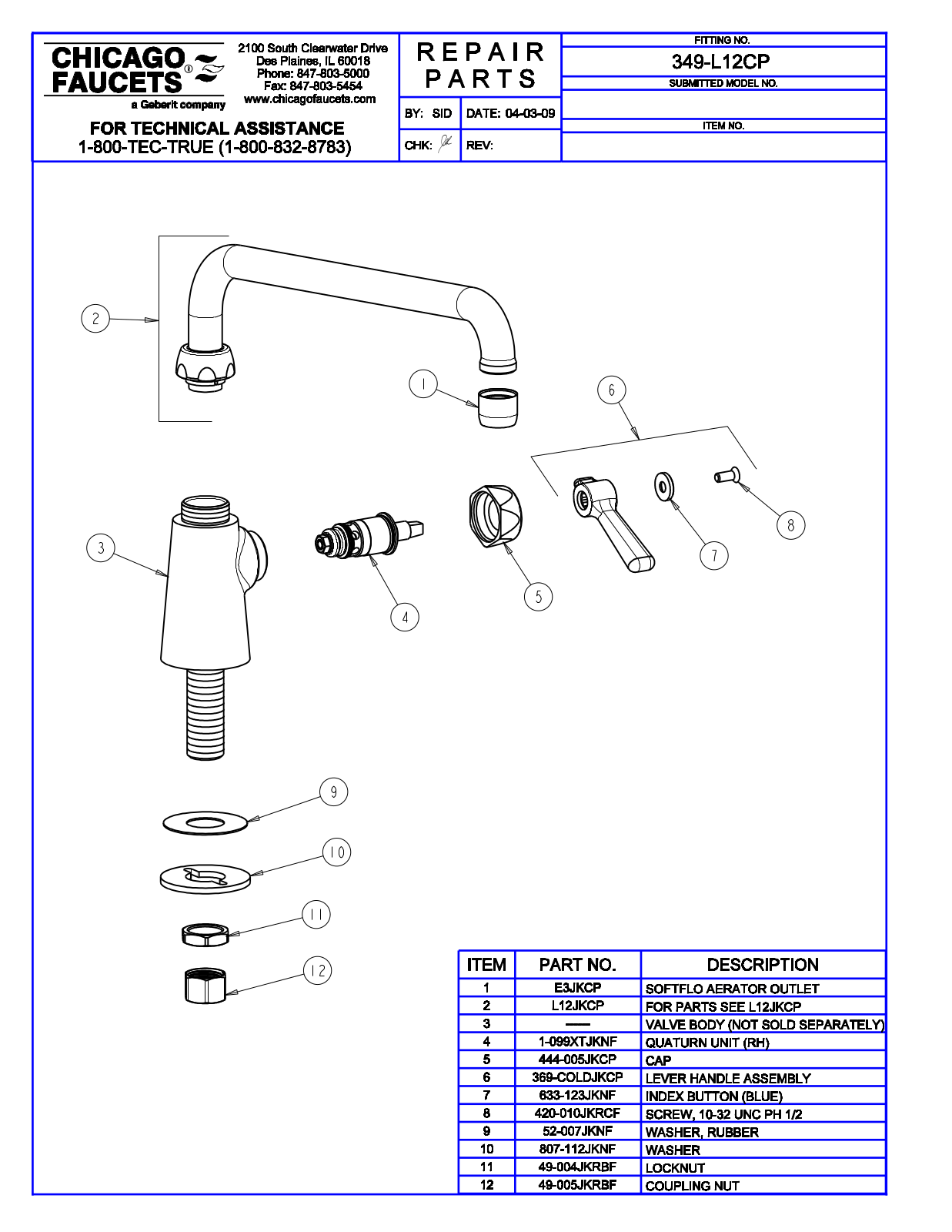 Chicago Faucet 349-L12CP Parts List