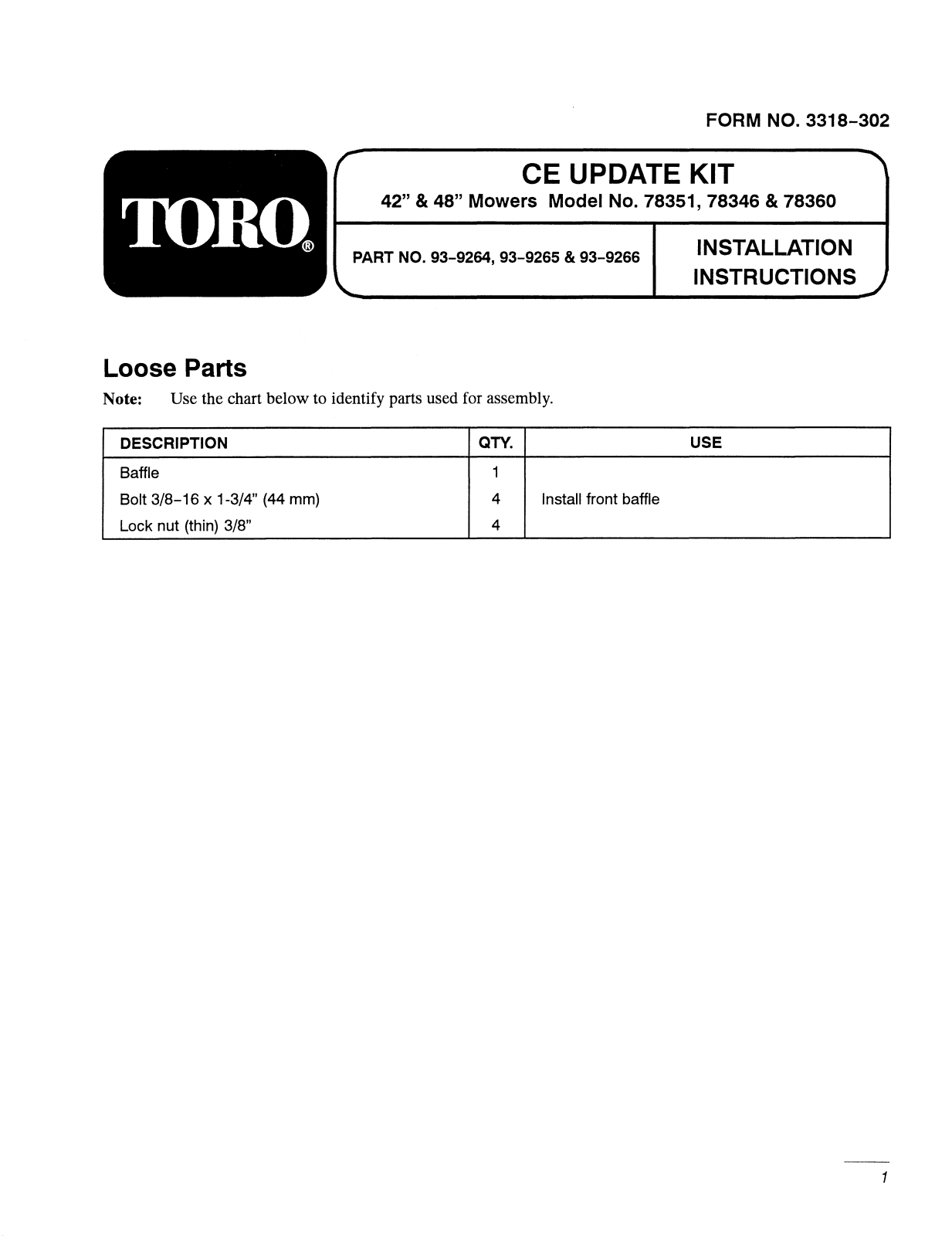 Toro 93-9265, 93-9264, 93-9266 Installation Instructions