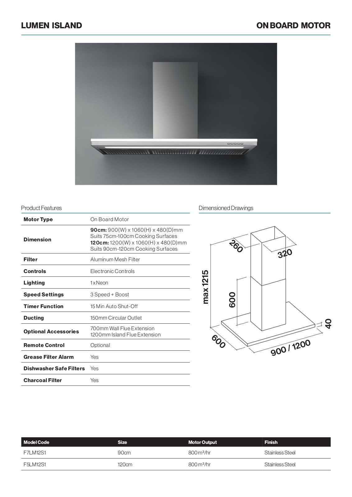 Falmec F7LM12S1, F7LM90S1 Specifications Sheet